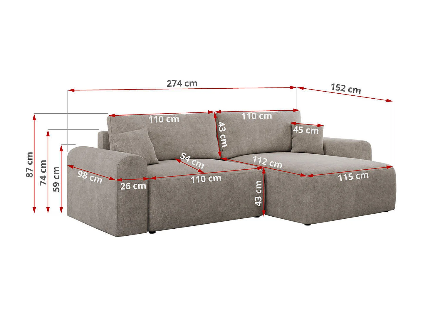 Ecksofa NELSON - Schlafcouch mit Armlehnen und Bettkasten, universelles L-förmige Ecksofa - Beige Stukture