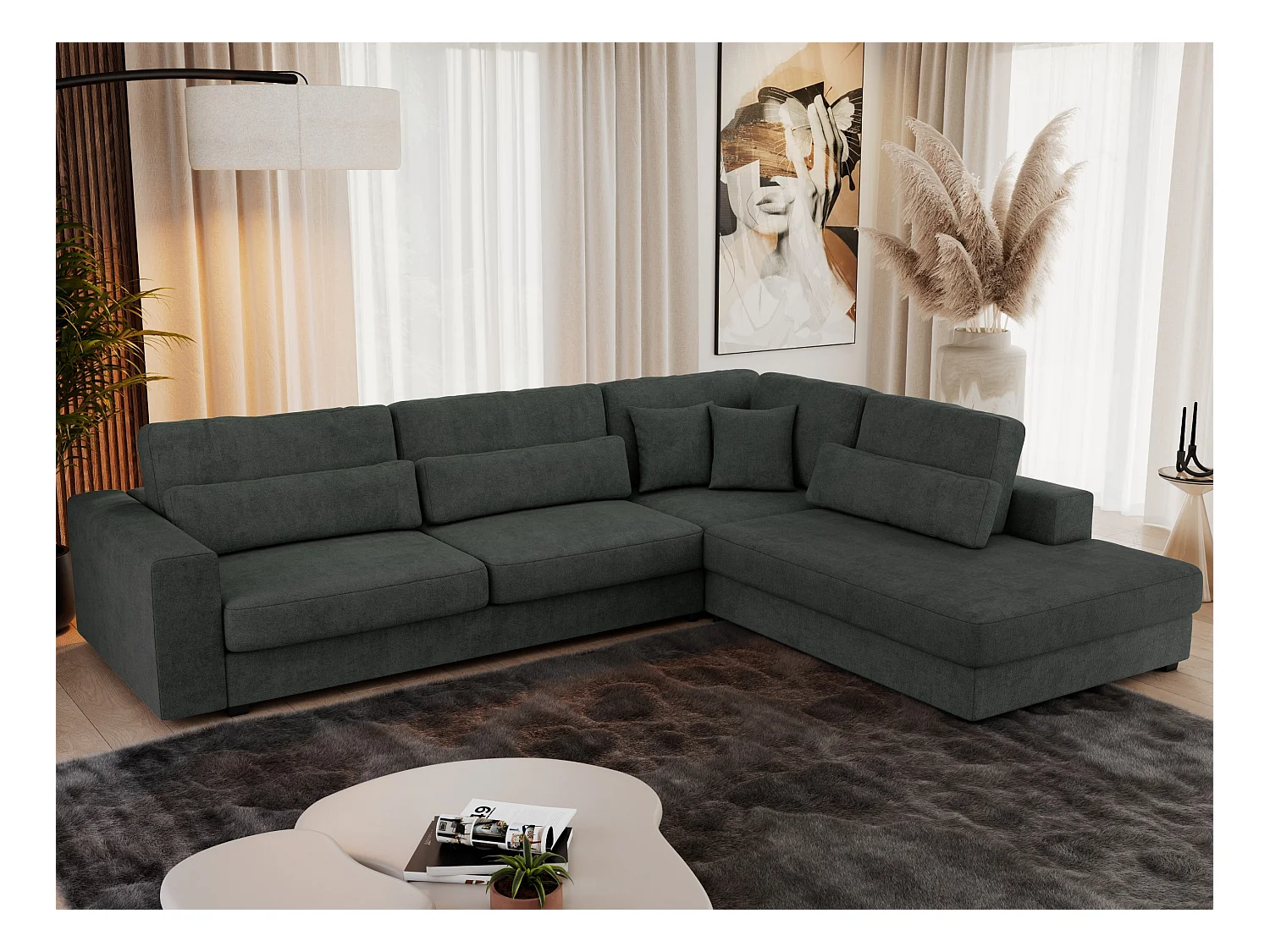 Ecksofa SAVONA - mit Armlehnen, lose Kissen, große L-förmige Ecke, Wohnlandschaft - Dunkelgrau Strukture - Ecke Rechts