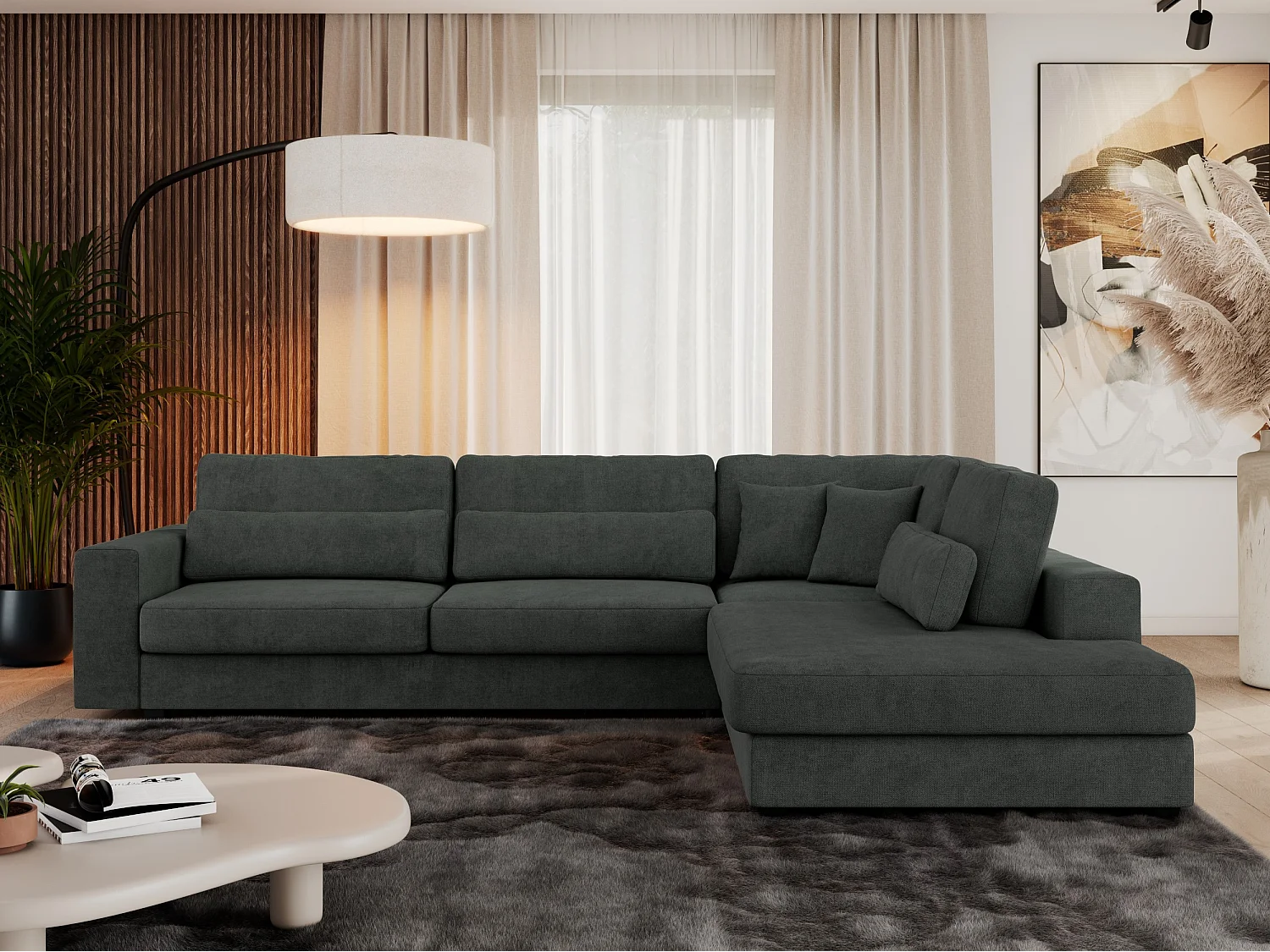 Ecksofa SAVONA - mit Armlehnen, lose Kissen, große L-förmige Ecke, Wohnlandschaft - Dunkelgrau Strukture - Ecke Rechts