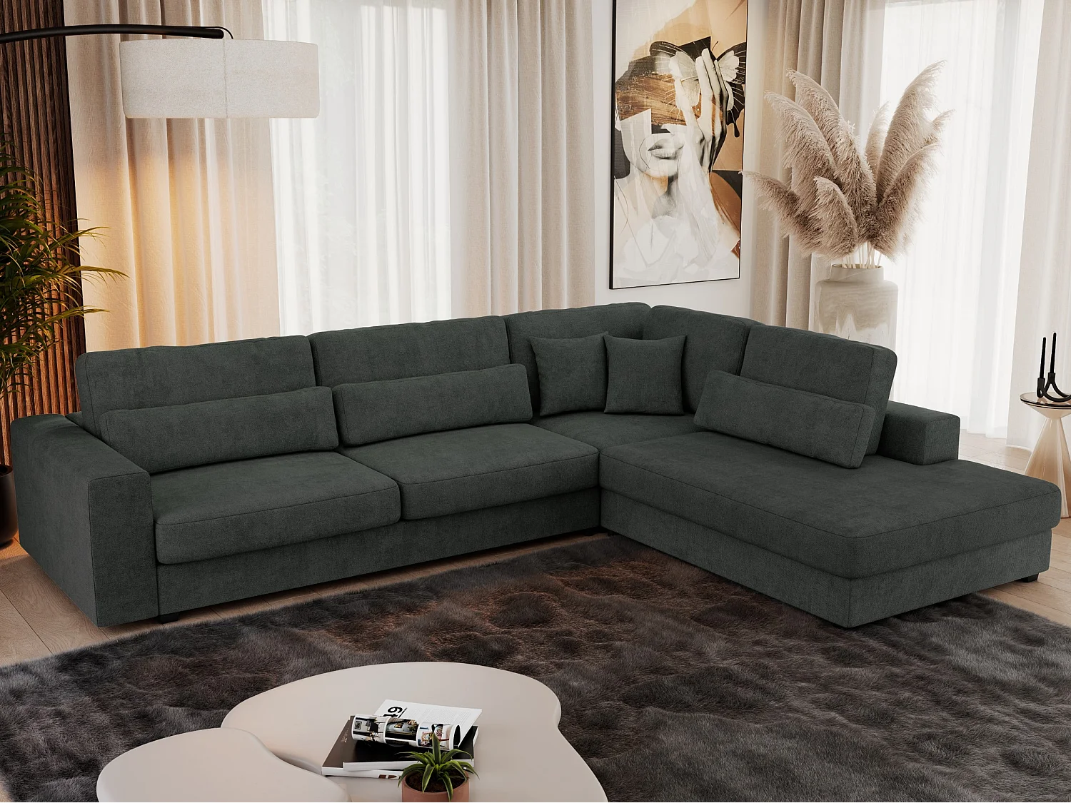 Ecksofa SAVONA - mit Armlehnen, lose Kissen, große L-förmige Ecke, Wohnlandschaft - Dunkelgrau Strukture - Ecke Rechts