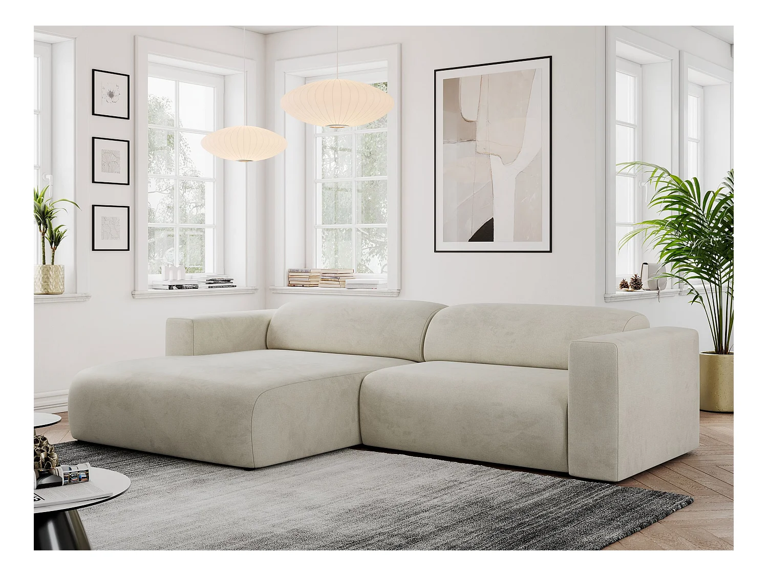 Ecksofa PASADENA - mit Armlehnen, Wohnlandschaft, freistehendes Sofa, große Ecke - Beige Velvet - Ecke Links