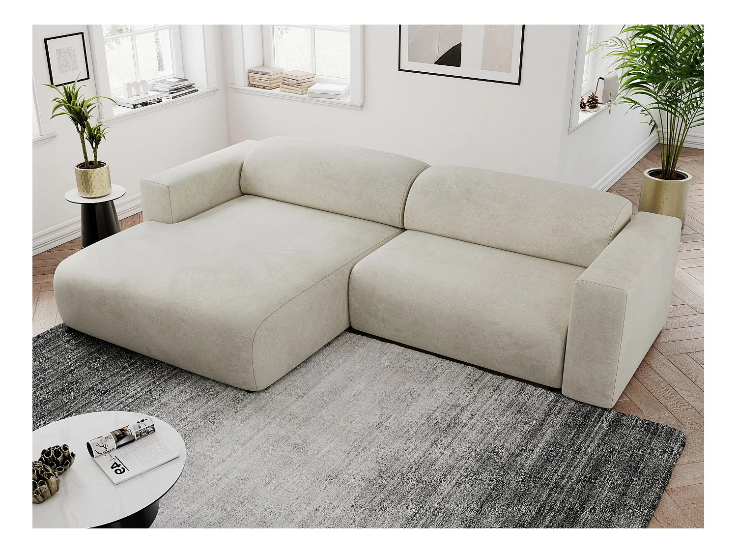 Ecksofa PASADENA - mit Armlehnen, Wohnlandschaft, freistehendes Sofa, große Ecke - Beige Velvet - Ecke Links