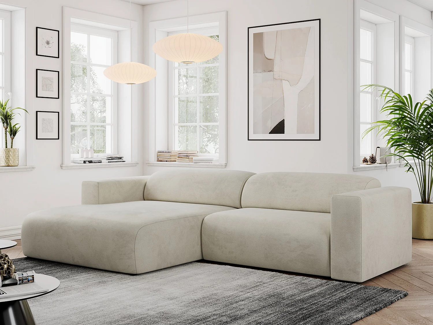 Ecksofa PASADENA - mit Armlehnen, Wohnlandschaft, freistehendes Sofa, große Ecke - Beige Velvet - Ecke Links