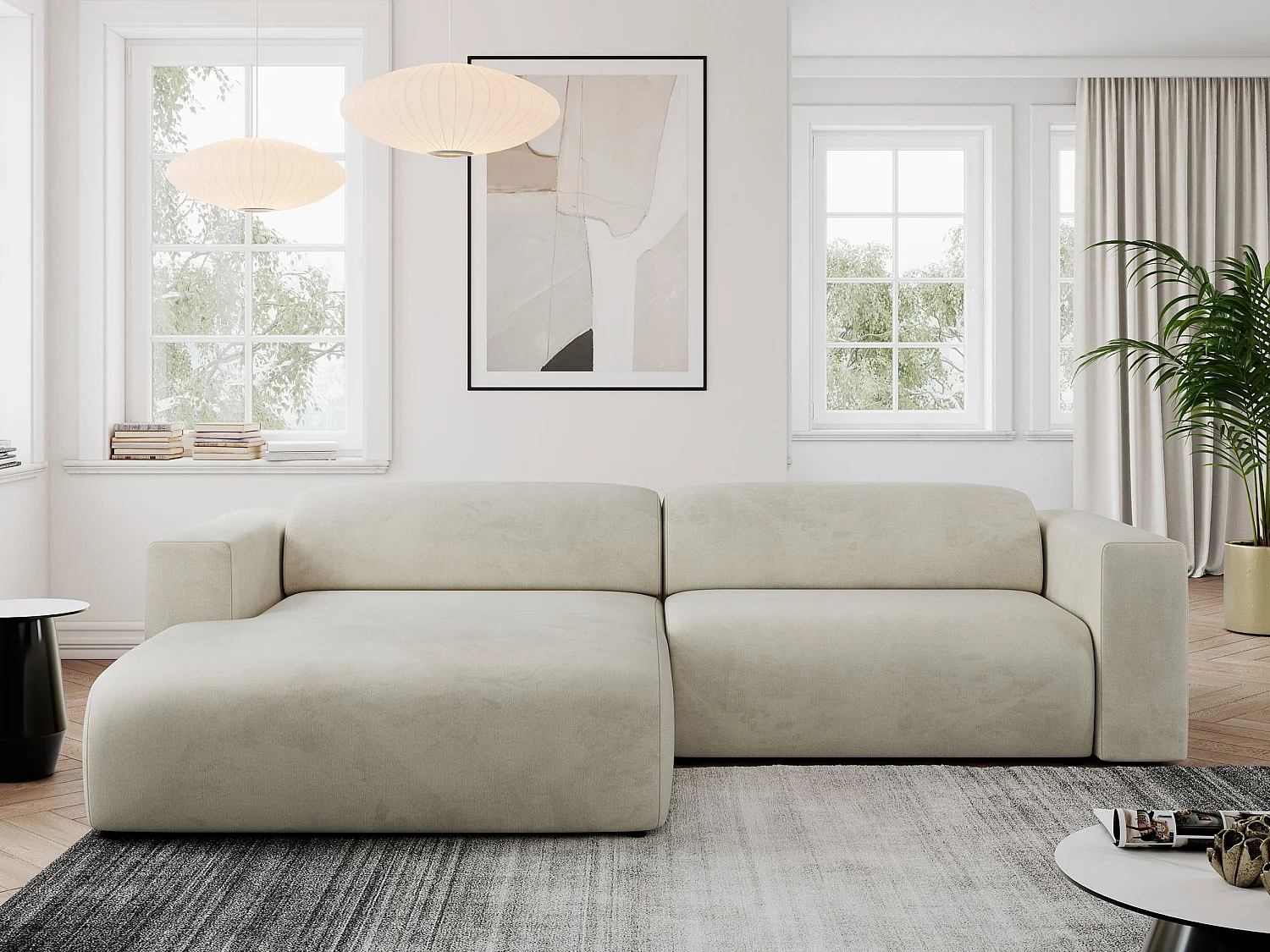 Ecksofa PASADENA - mit Armlehnen, Wohnlandschaft, freistehendes Sofa, große Ecke - Beige Velvet - Ecke Links