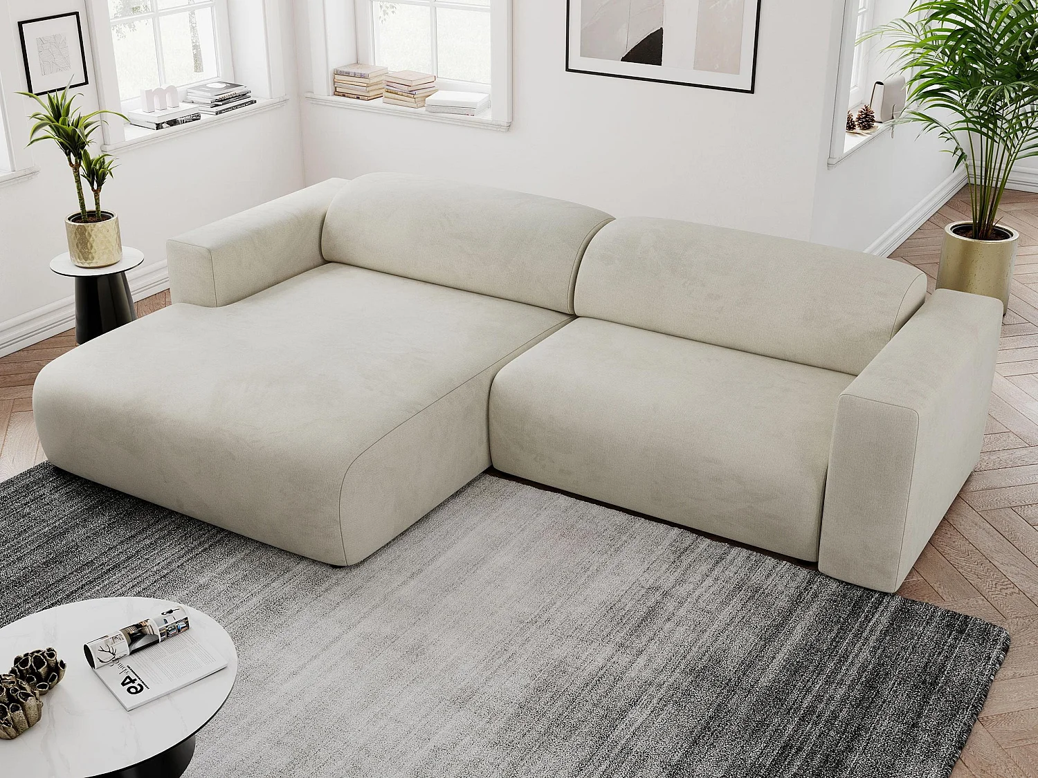 Ecksofa PASADENA - mit Armlehnen, Wohnlandschaft, freistehendes Sofa, große Ecke - Beige Velvet - Ecke Links