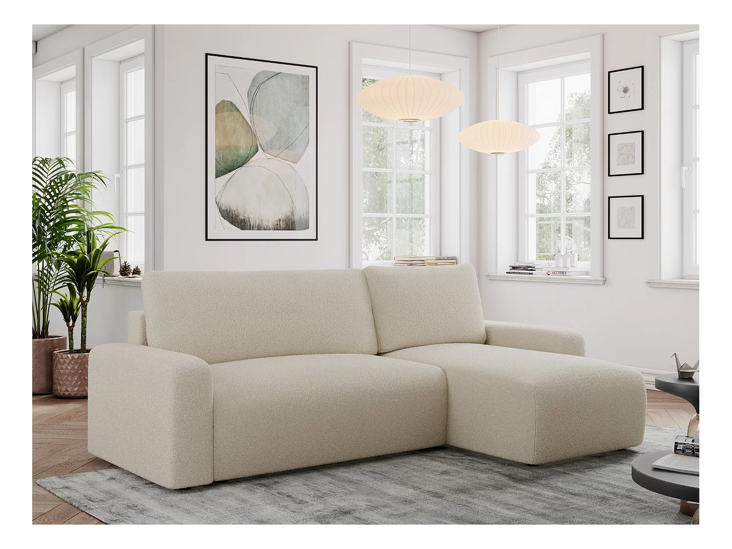 Ecksofa ARGOS - mit Schlaffunktion, Sofa mit armlehnen, Bettkasten, 3-Sitzer Sofa - Beige Boucle