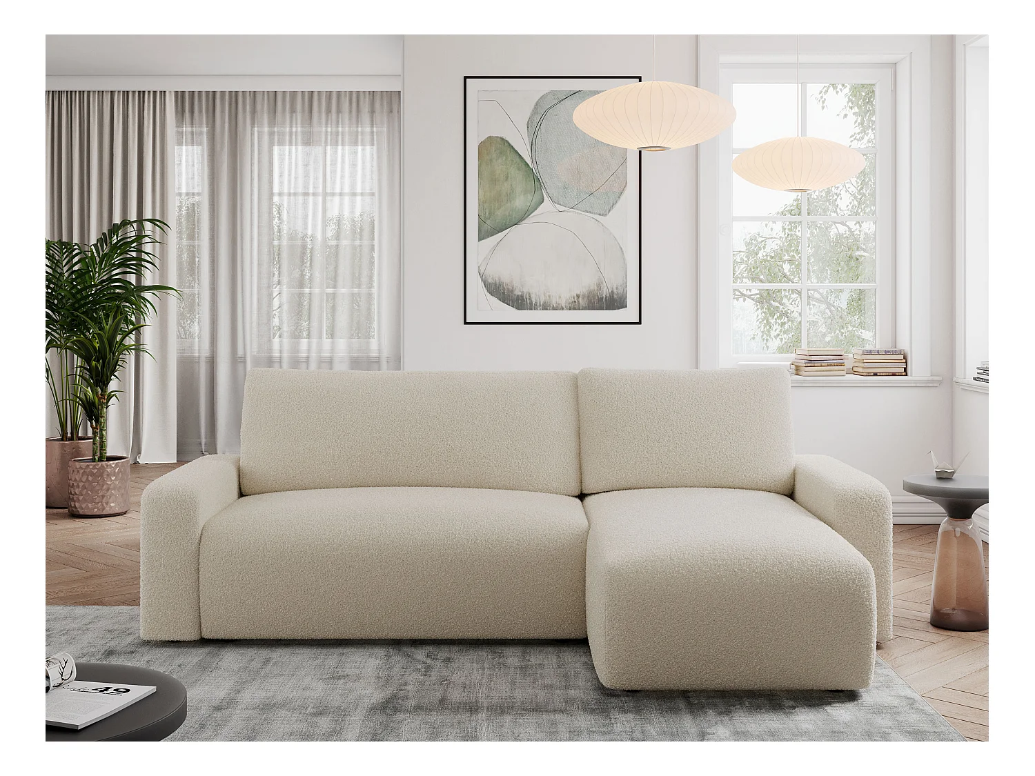 Ecksofa ARGOS - mit Schlaffunktion, Sofa mit armlehnen, Bettkasten, 3-Sitzer Sofa - Beige Boucle