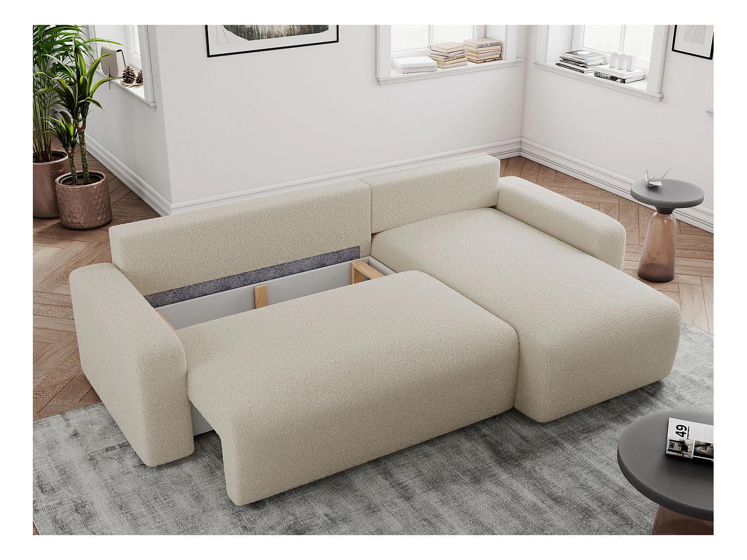 Ecksofa ARGOS - mit Schlaffunktion, Sofa mit armlehnen, Bettkasten, 3-Sitzer Sofa - Beige Boucle