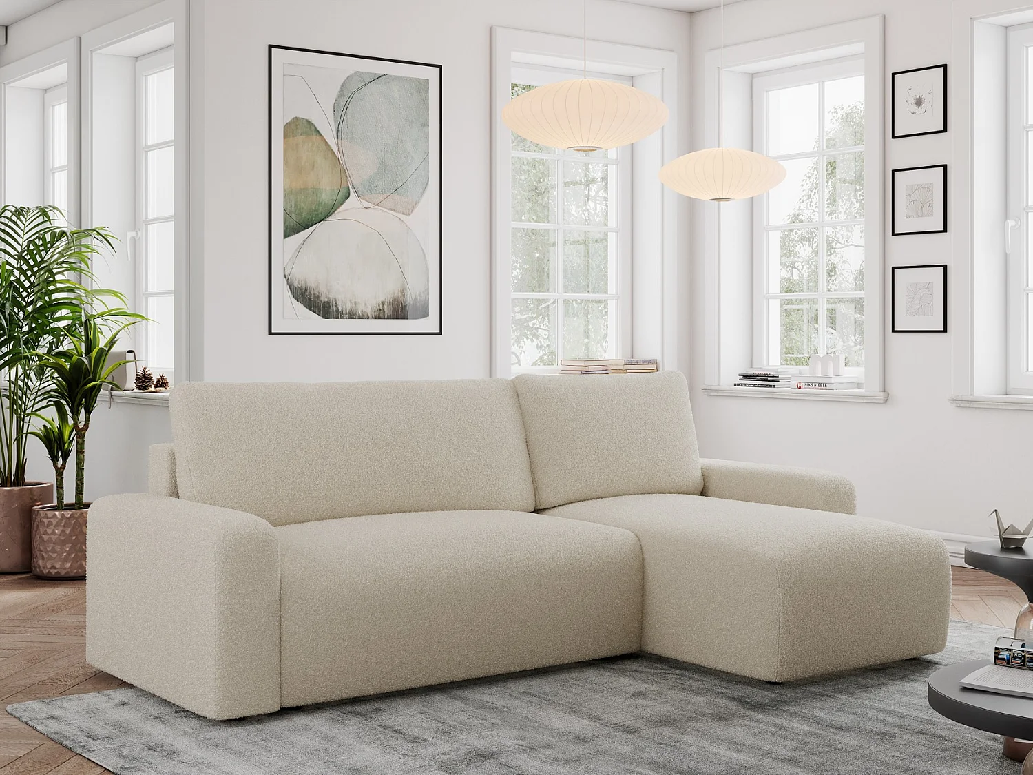 Ecksofa ARGOS - mit Schlaffunktion, Sofa mit armlehnen, Bettkasten, 3-Sitzer Sofa - Beige Boucle