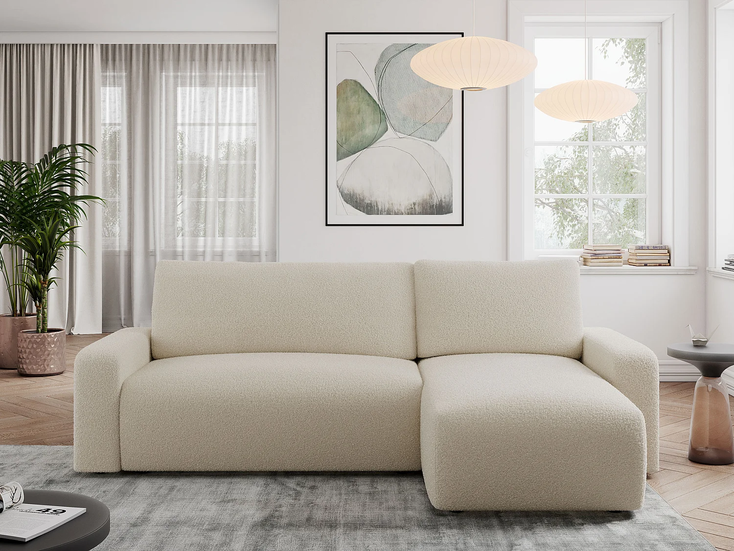 Ecksofa ARGOS - mit Schlaffunktion, Sofa mit armlehnen, Bettkasten, 3-Sitzer Sofa - Beige Boucle