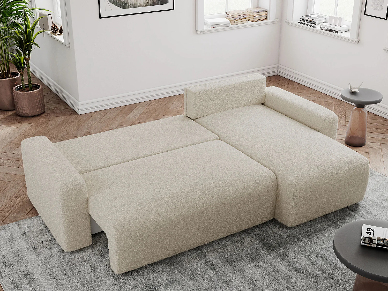Ecksofa ARGOS - mit Schlaffunktion, Sofa mit armlehnen, Bettkasten, 3-Sitzer Sofa - Beige Boucle