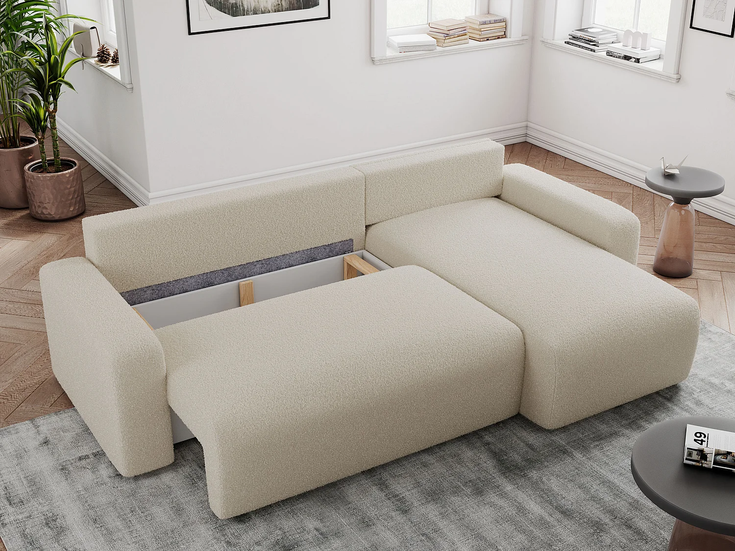 Ecksofa ARGOS - mit Schlaffunktion, Sofa mit armlehnen, Bettkasten, 3-Sitzer Sofa - Beige Boucle