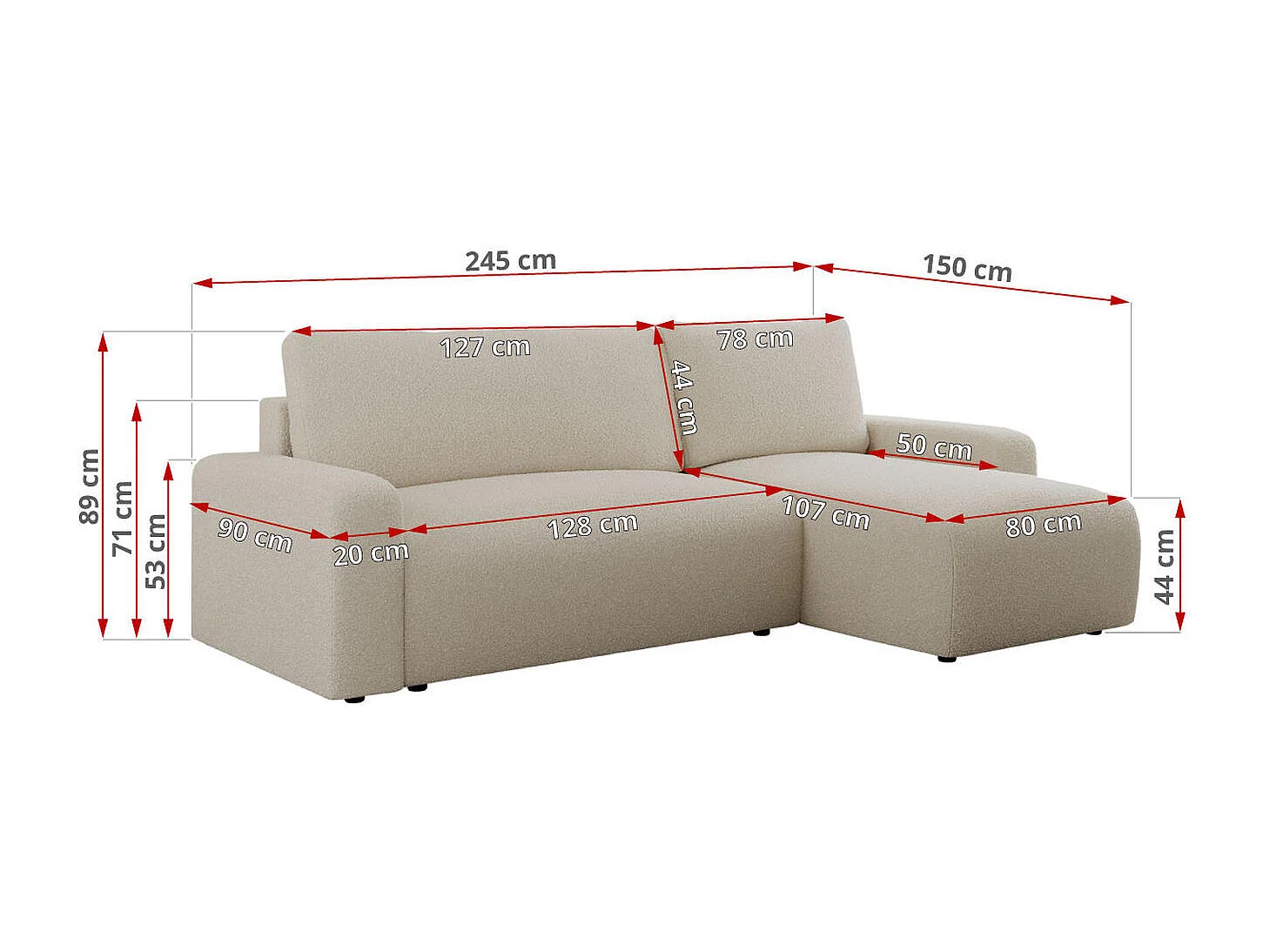 Ecksofa ARGOS - mit Schlaffunktion, Sofa mit armlehnen, Bettkasten, 3-Sitzer Sofa - Beige Boucle