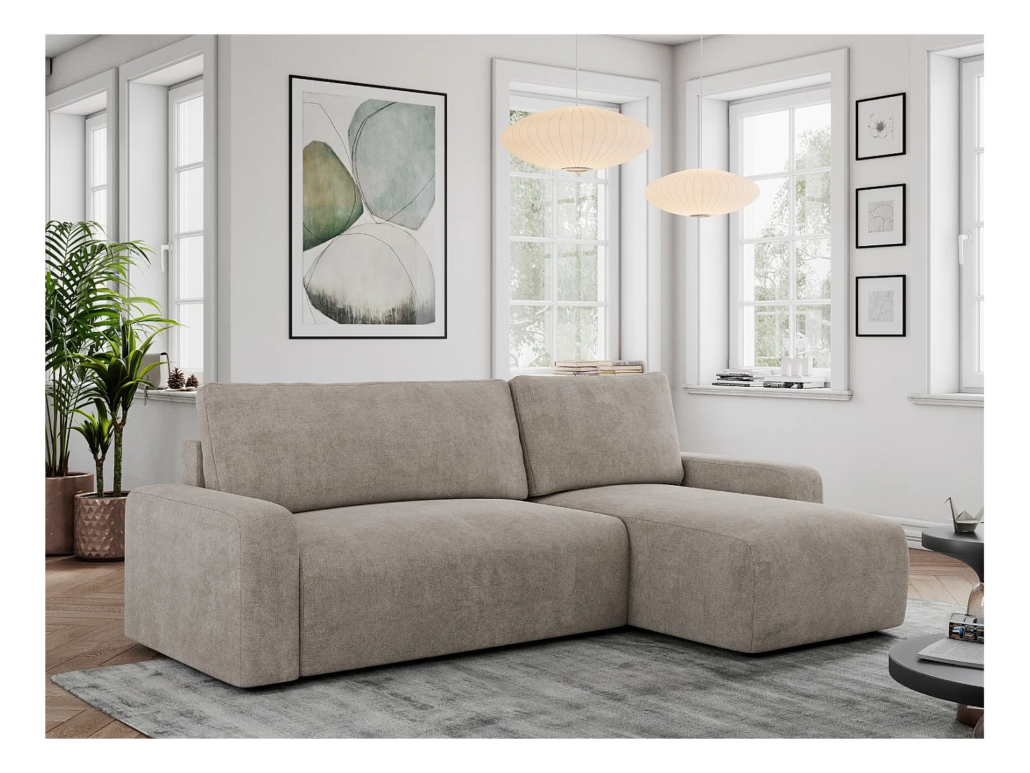 Ecksofa ARGOS - mit Schlaffunktion, Sofa mit armlehnen, Bettkasten, 3-Sitzer Sofa - Beige Stukture