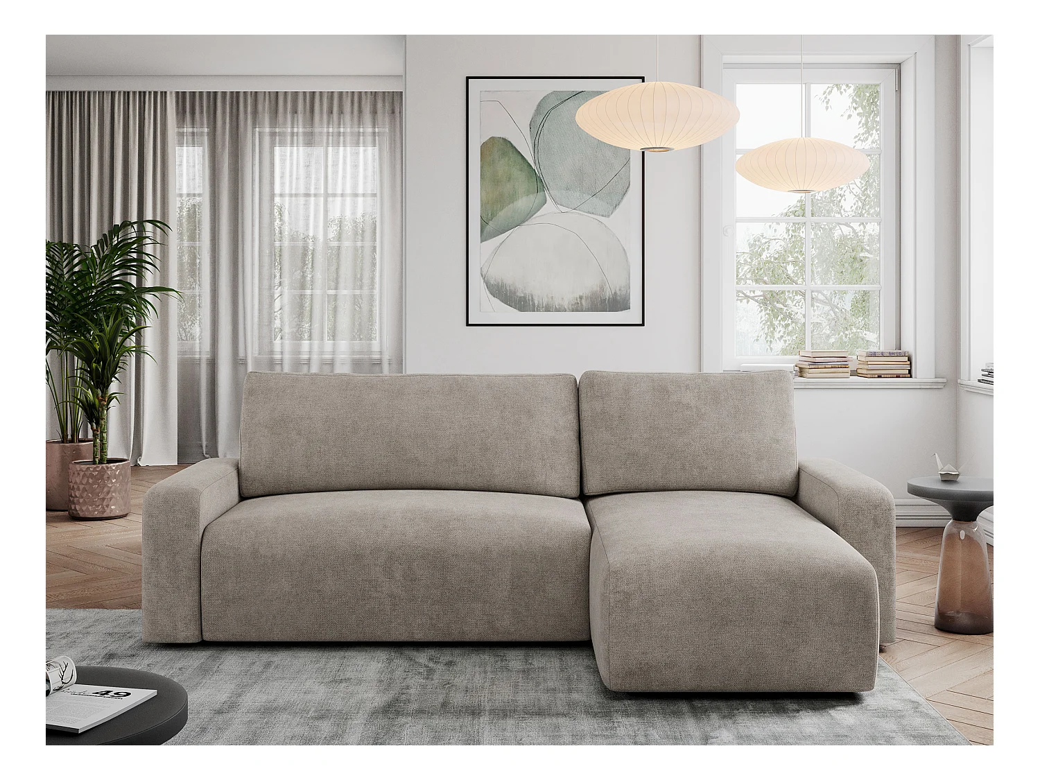 Ecksofa ARGOS - mit Schlaffunktion, Sofa mit armlehnen, Bettkasten, 3-Sitzer Sofa - Beige Stukture