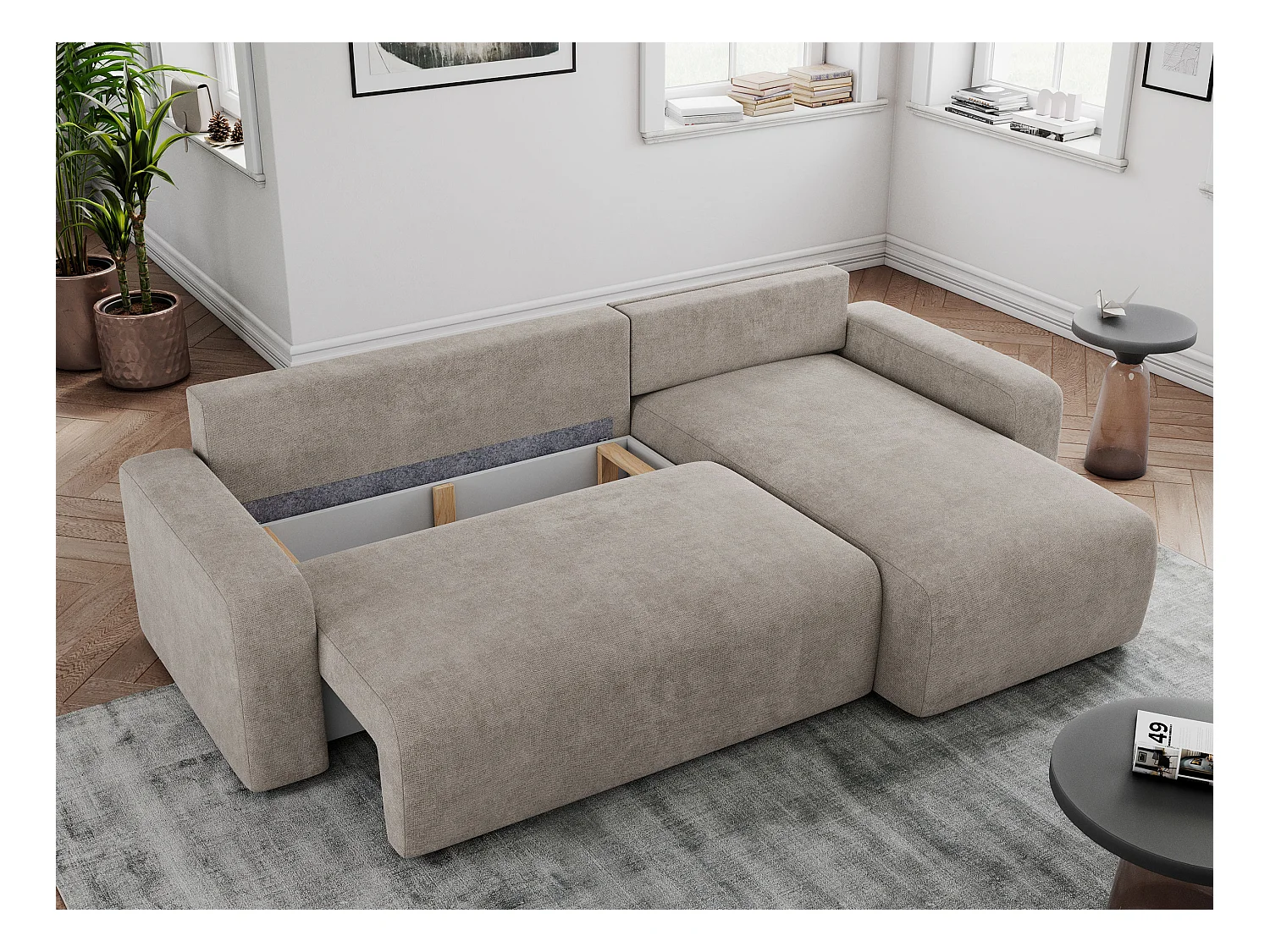 Ecksofa ARGOS - mit Schlaffunktion, Sofa mit armlehnen, Bettkasten, 3-Sitzer Sofa - Beige Stukture