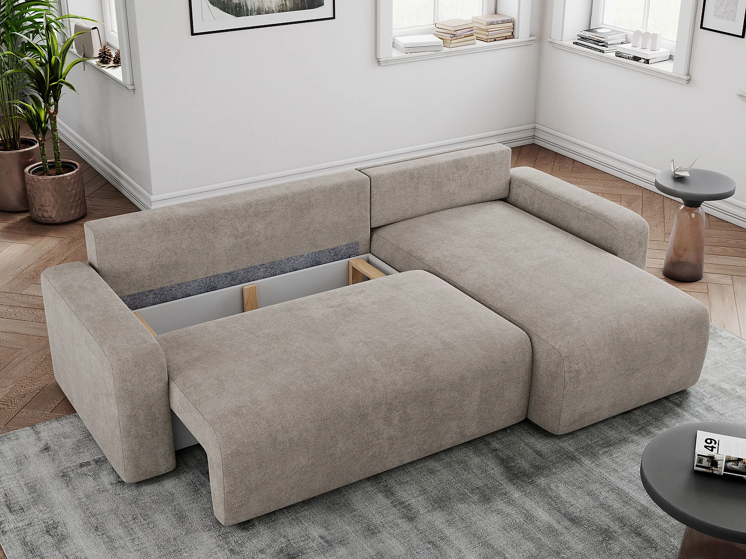 Ecksofa ARGOS - mit Schlaffunktion, Sofa mit armlehnen, Bettkasten, 3-Sitzer Sofa - Beige Stukture