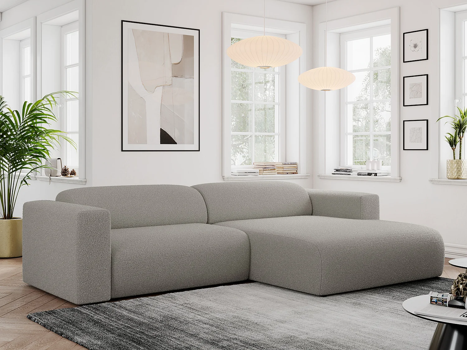 Ecksofa PASADENA - mit Armlehnen, Wohnlandschaft, freistehendes Sofa, große Ecke - Grau Boucle - Ecke Rechts
