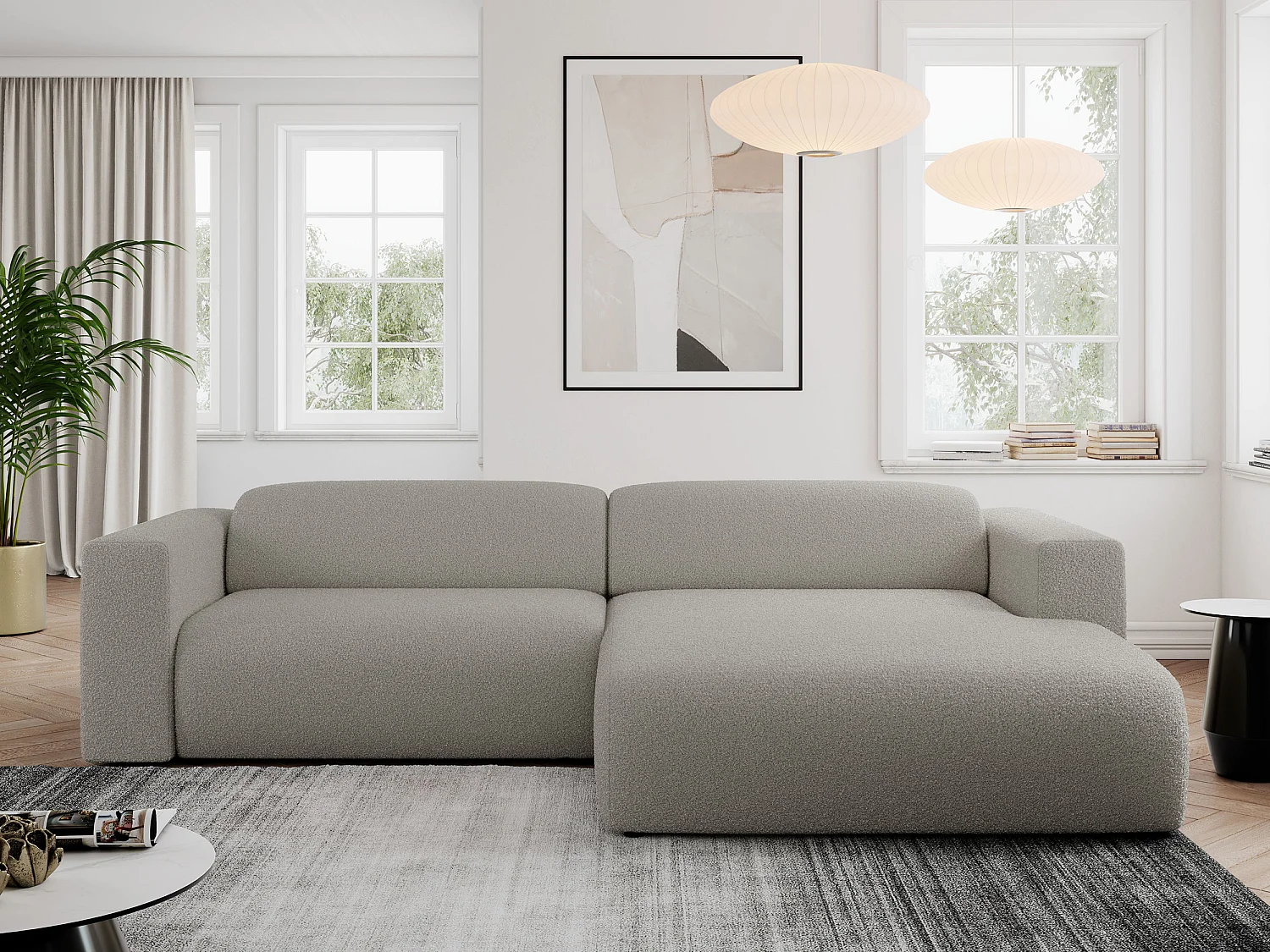 Ecksofa PASADENA - mit Armlehnen, Wohnlandschaft, freistehendes Sofa, große Ecke - Grau Boucle - Ecke Rechts