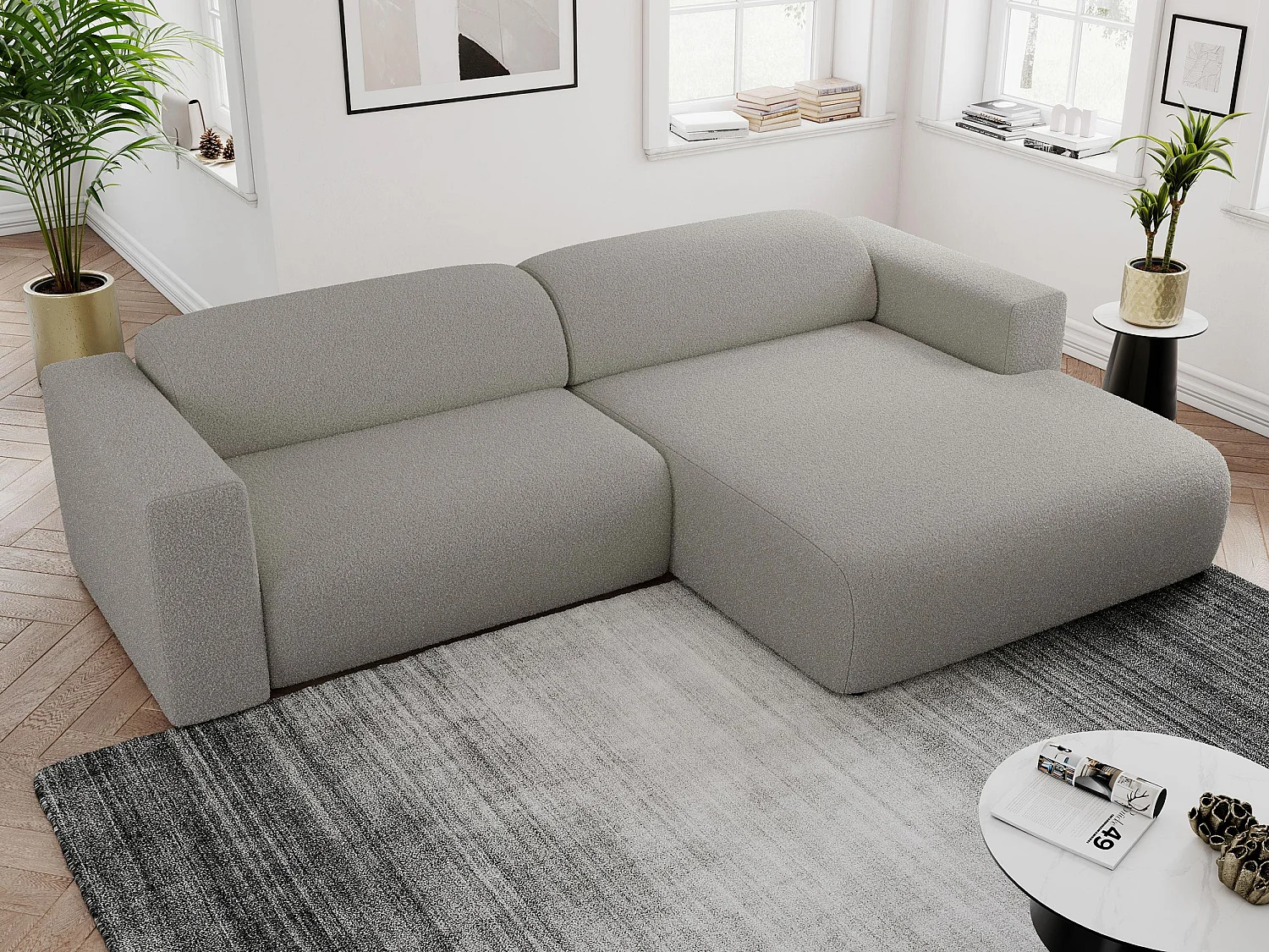 Ecksofa PASADENA - mit Armlehnen, Wohnlandschaft, freistehendes Sofa, große Ecke - Grau Boucle - Ecke Rechts
