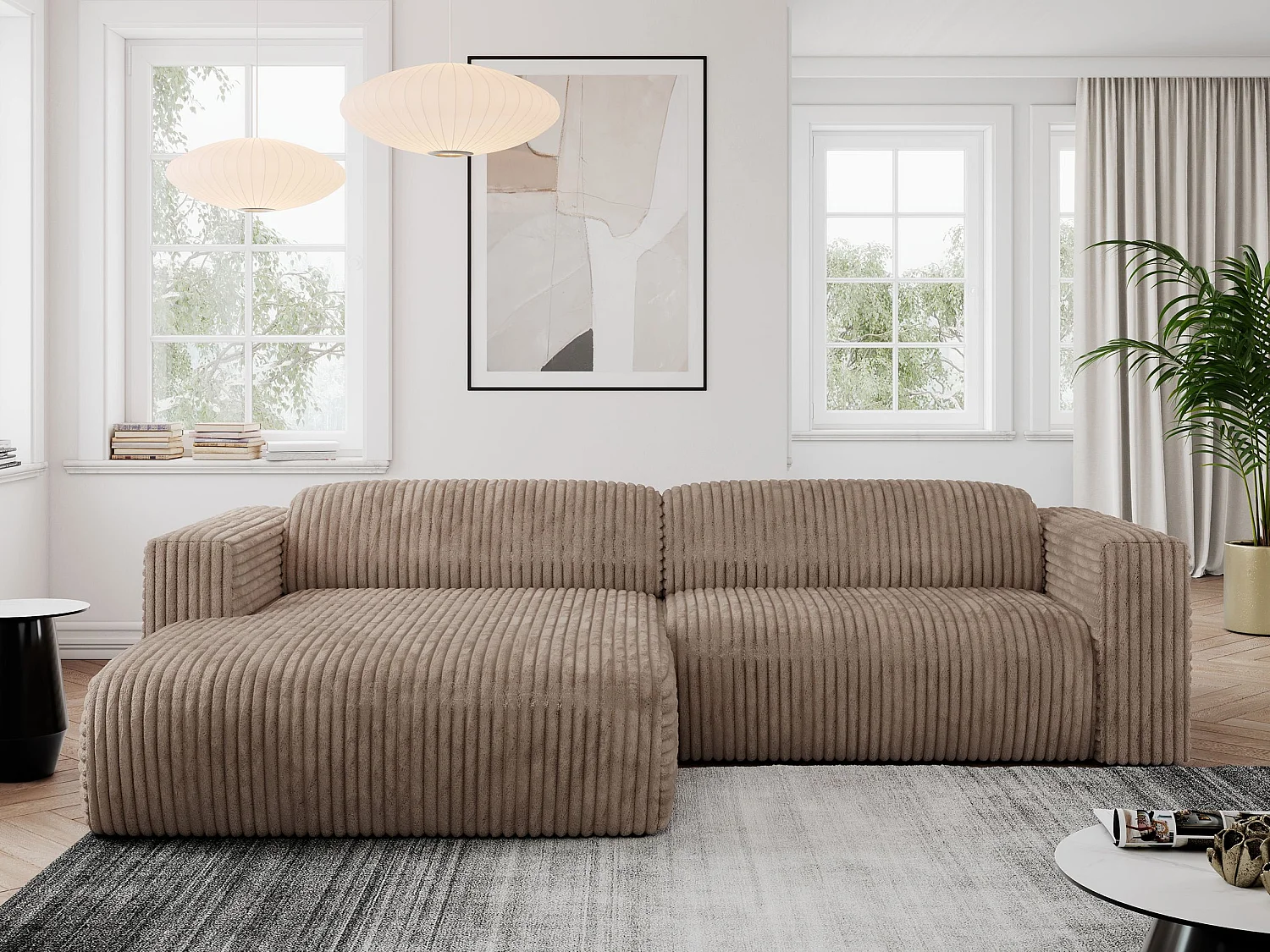 Ecksofa PASADENA - mit Armlehnen, Wohnlandschaft, freistehendes Sofa, große Ecke - Braun Cord - Ecke Links