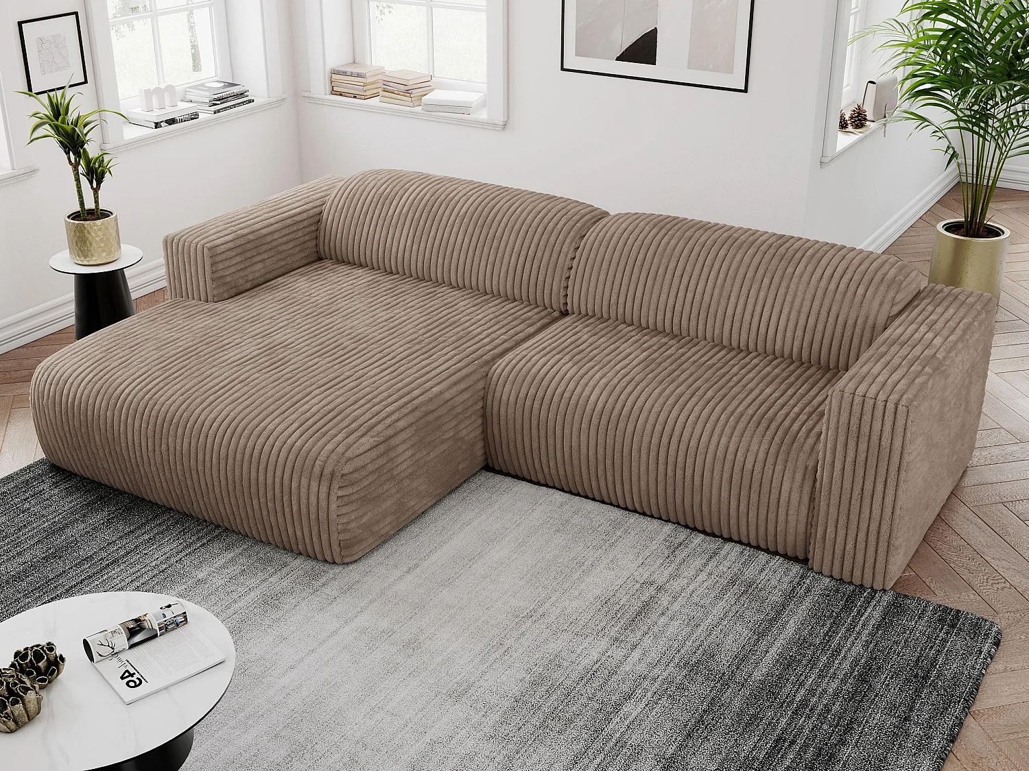 Ecksofa PASADENA - mit Armlehnen, Wohnlandschaft, freistehendes Sofa, große Ecke - Braun Cord - Ecke Links