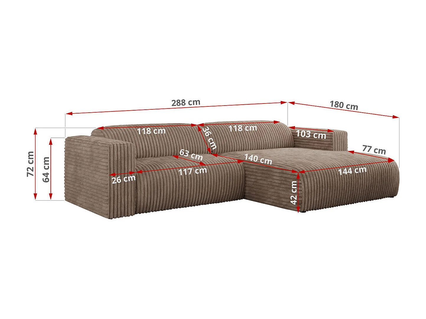 Ecksofa PASADENA - mit Armlehnen, Wohnlandschaft, freistehendes Sofa, große Ecke - Braun Cord - Ecke Links