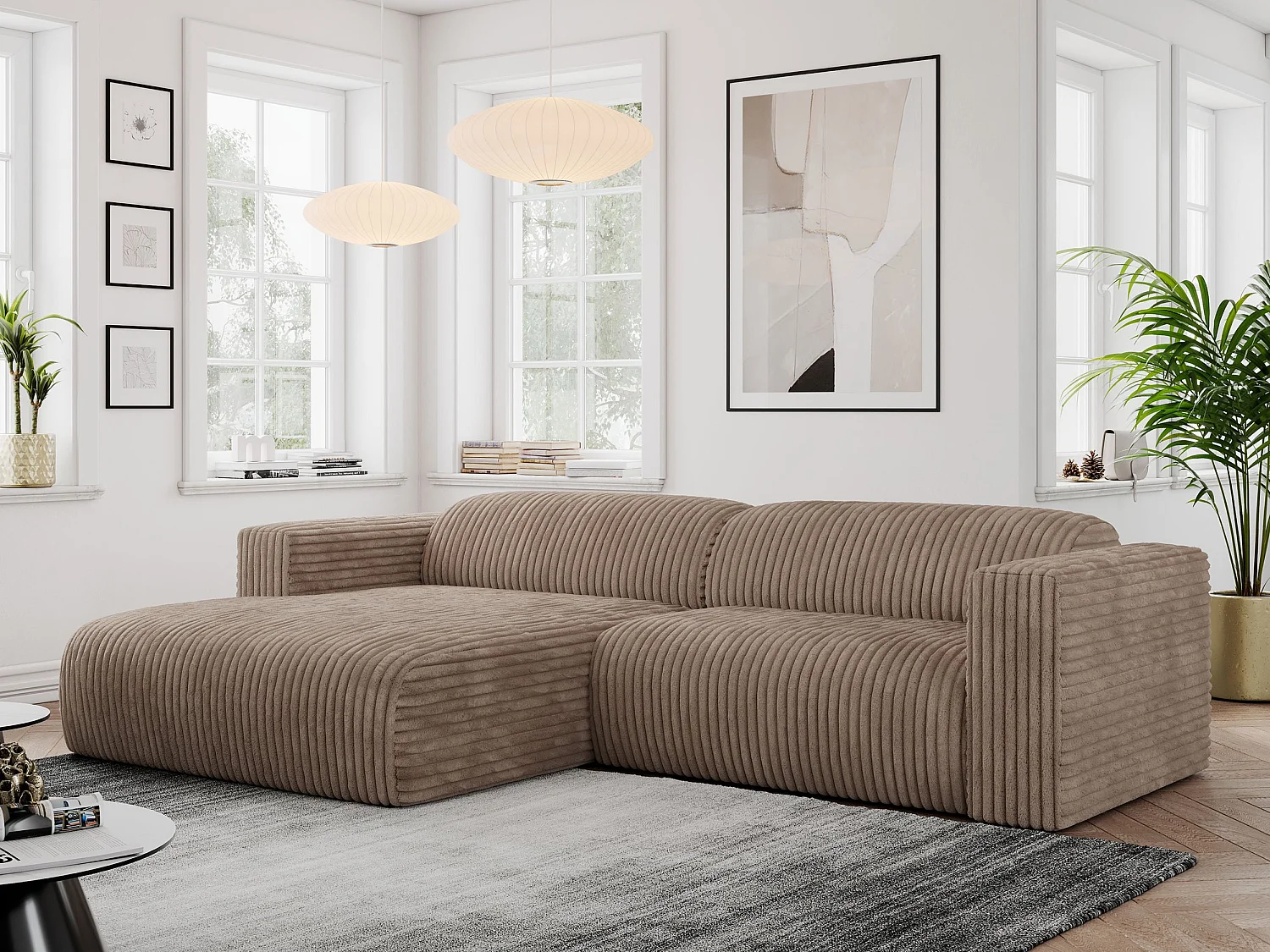 Ecksofa PASADENA - mit Armlehnen, Wohnlandschaft, freistehendes Sofa, große Ecke - Braun Cord - Ecke Links