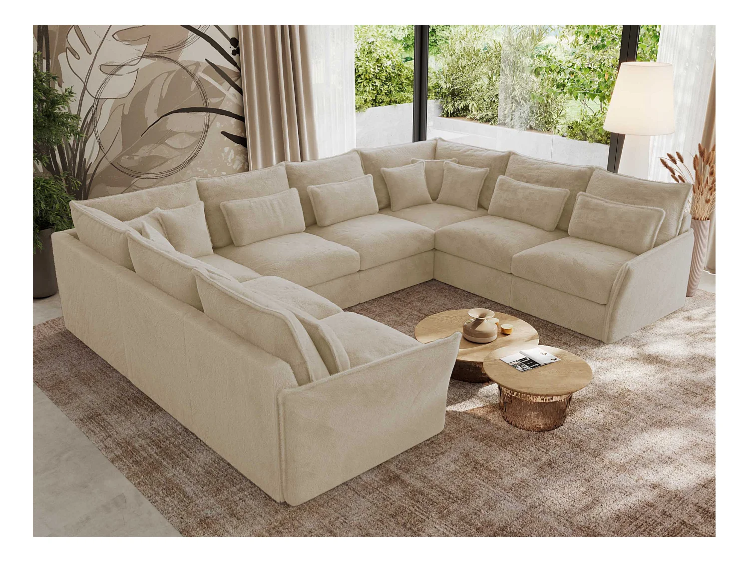 Ecksofa VERSO U8M - modulare U-förmige Ecke mit Armlehnen, Wohnlandschaft, Ecksofa XXL, lose Kissen - Creme Plüsch