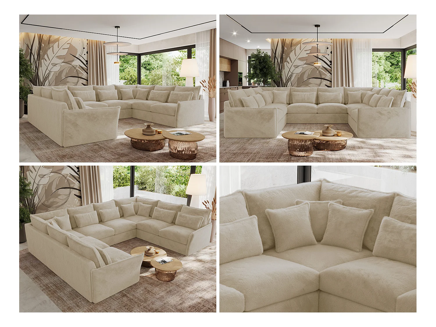 Ecksofa VERSO U8M - modulare U-förmige Ecke mit Armlehnen, Wohnlandschaft, Ecksofa XXL, lose Kissen - Creme Plüsch