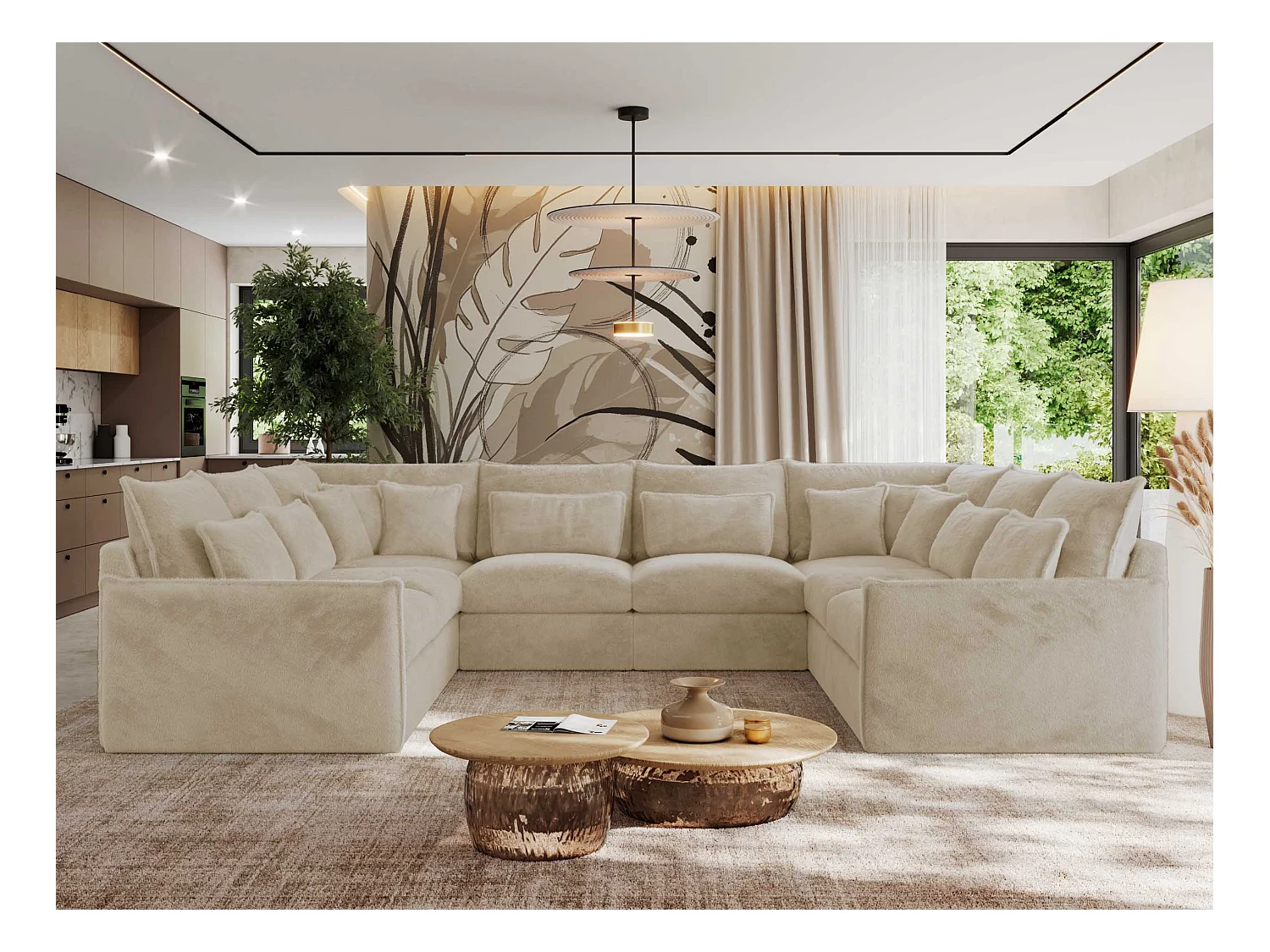 Ecksofa VERSO U8M - modulare U-förmige Ecke mit Armlehnen, Wohnlandschaft, Ecksofa XXL, lose Kissen - Creme Plüsch