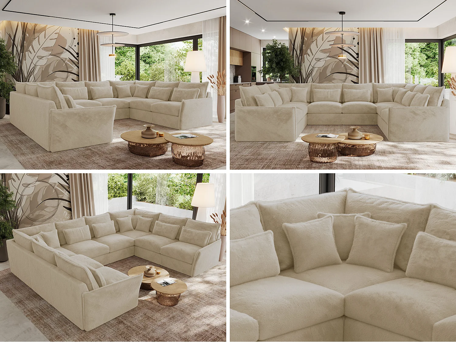 Ecksofa VERSO U8M - modulare U-förmige Ecke mit Armlehnen, Wohnlandschaft, Ecksofa XXL, lose Kissen - Creme Plüsch