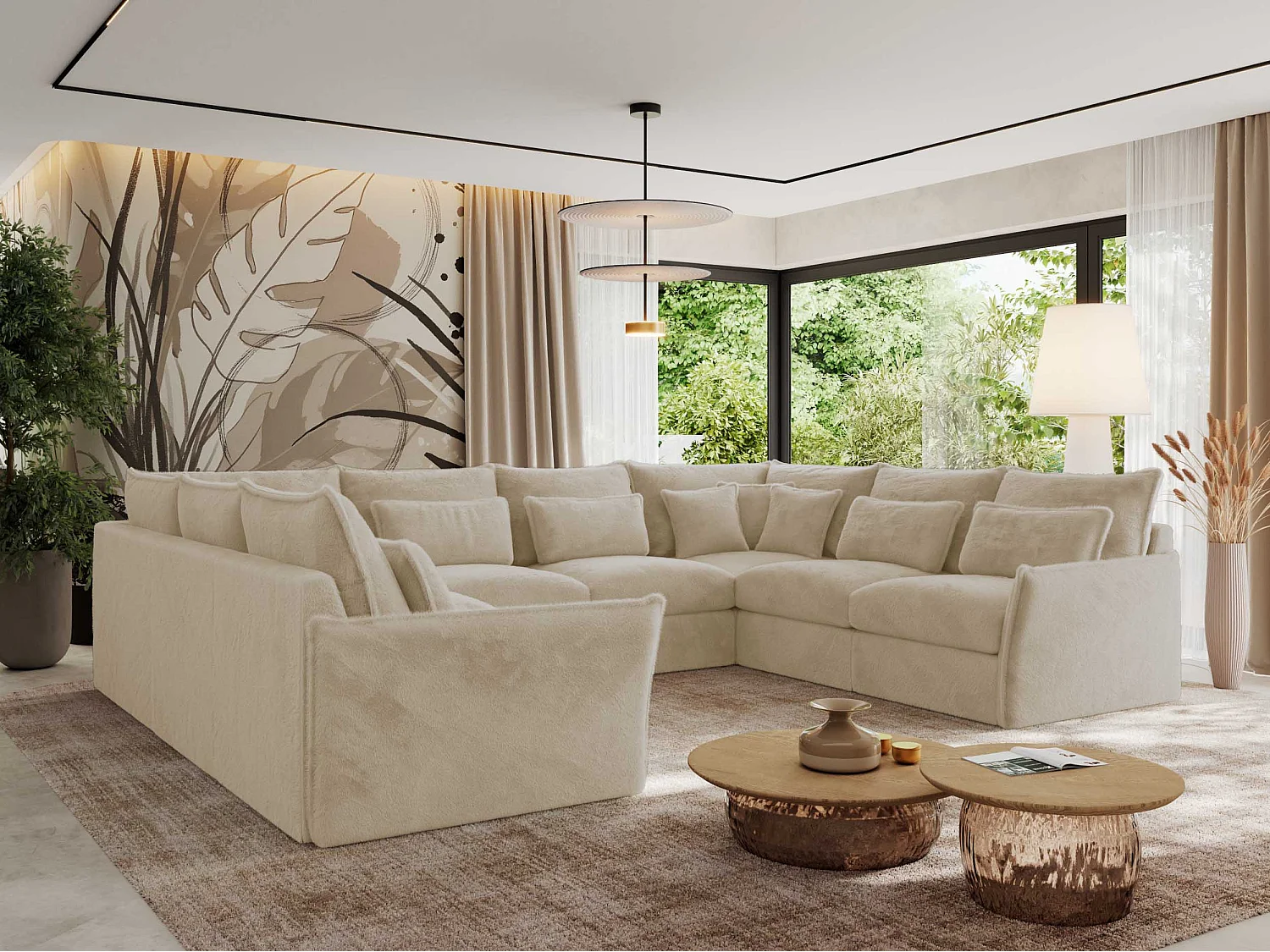 Ecksofa VERSO U8M - modulare U-förmige Ecke mit Armlehnen, Wohnlandschaft, Ecksofa XXL, lose Kissen - Creme Plüsch