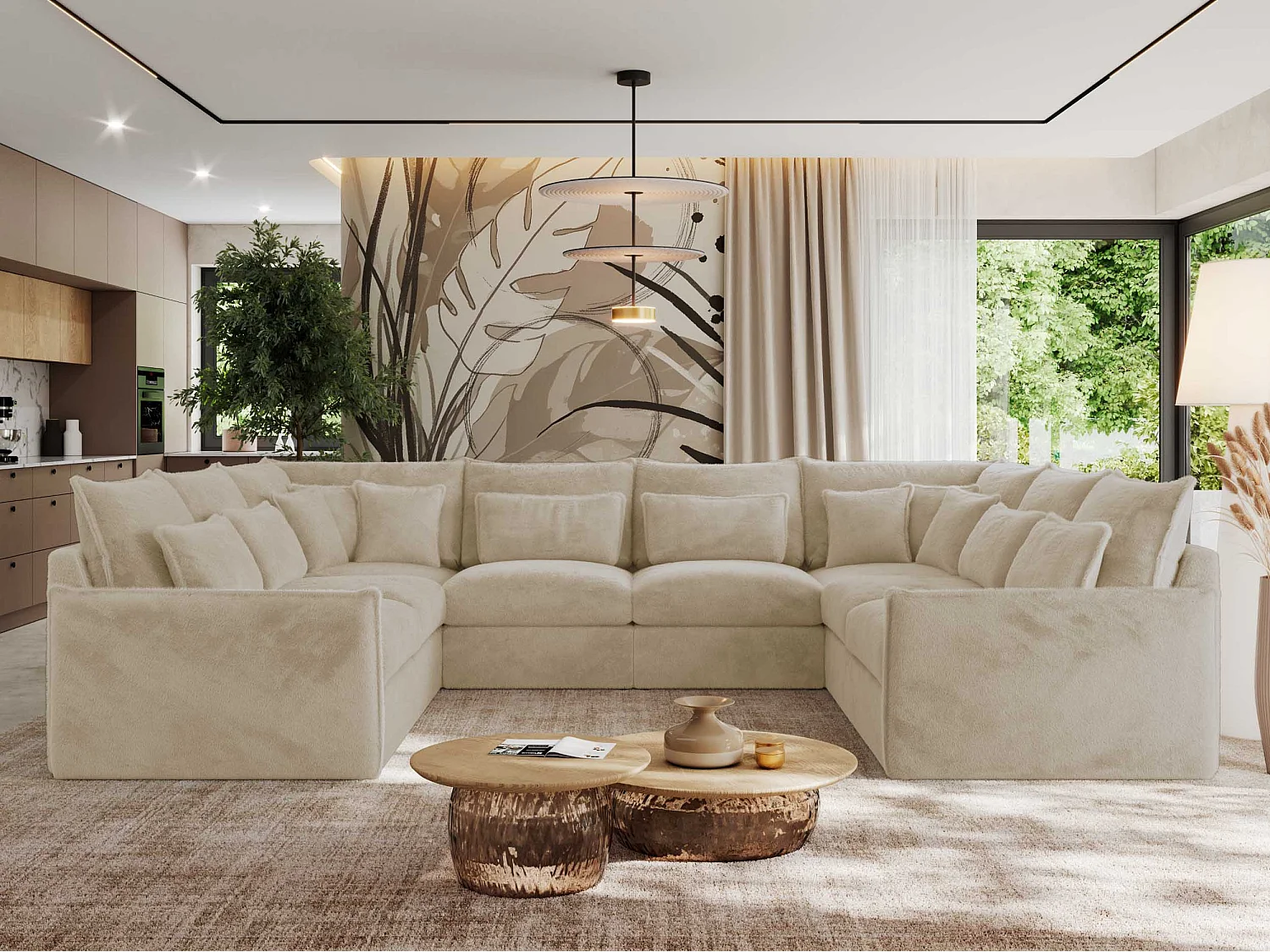 Ecksofa VERSO U8M - modulare U-förmige Ecke mit Armlehnen, Wohnlandschaft, Ecksofa XXL, lose Kissen - Creme Plüsch