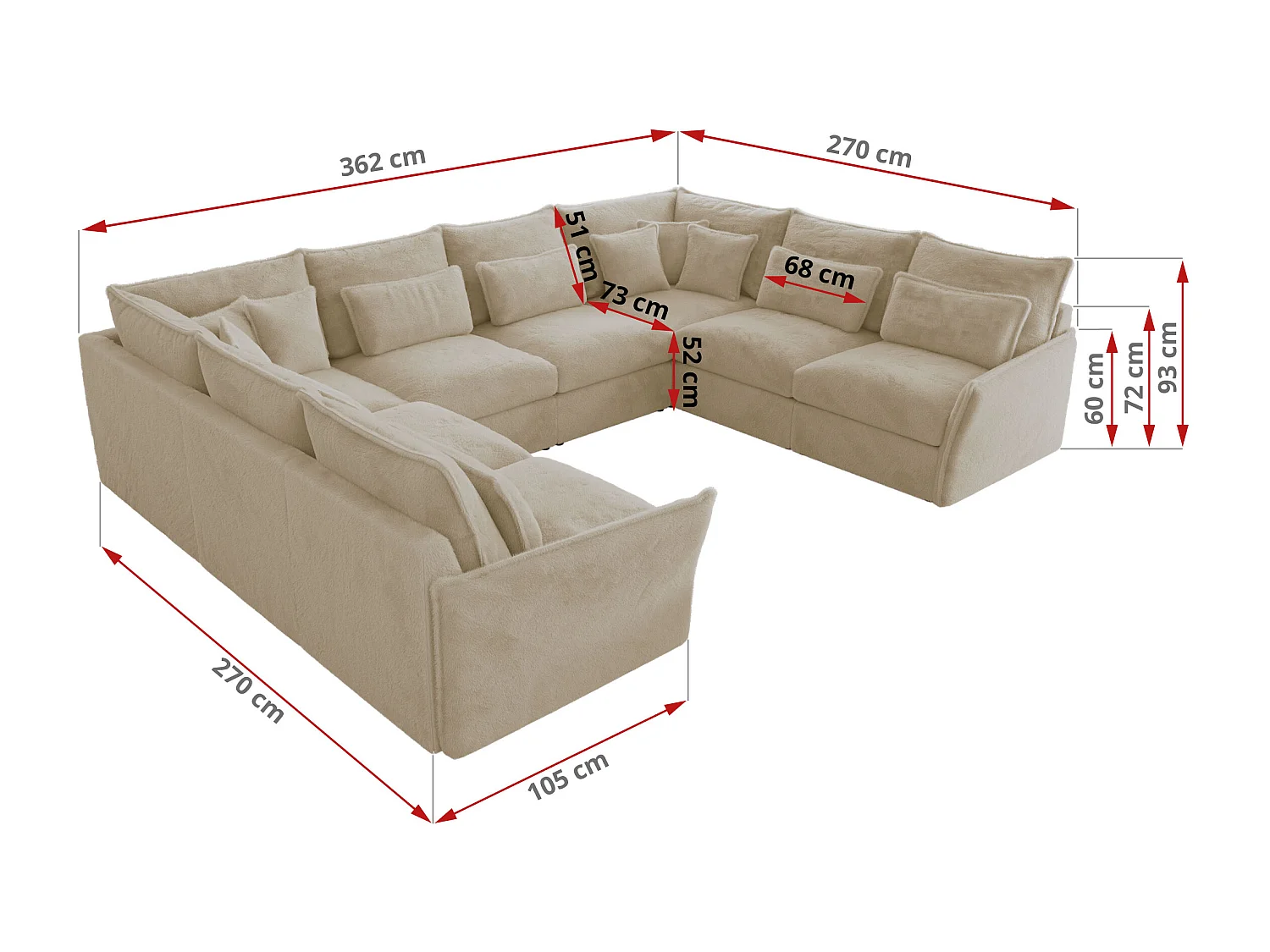 Ecksofa VERSO U8M - modulare U-förmige Ecke mit Armlehnen, Wohnlandschaft, Ecksofa XXL, lose Kissen - Creme Plüsch