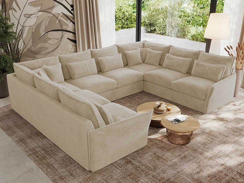 Ecksofa VERSO U8M - modulare U-förmige Ecke mit Armlehnen, Wohnlandschaft, Ecksofa XXL, lose Kissen - Creme Plüsch