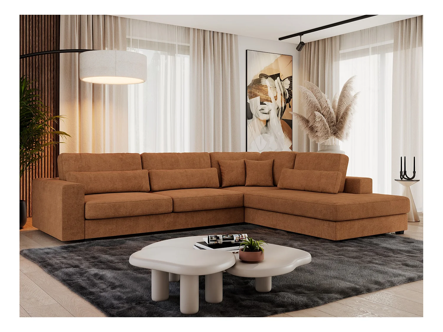 Ecksofa SAVONA - mit Armlehnen, lose Kissen, große L-förmige Ecke, Wohnlandschaft - Orange Strukture - Ecke Rechts