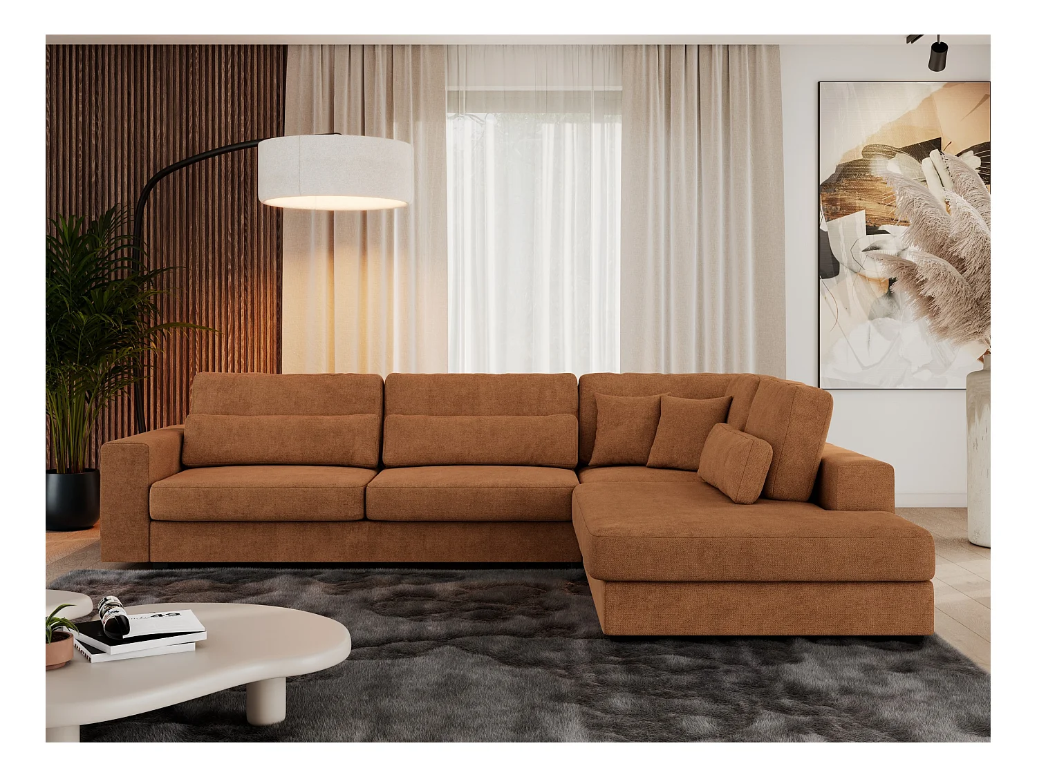 Ecksofa SAVONA - mit Armlehnen, lose Kissen, große L-förmige Ecke, Wohnlandschaft - Orange Strukture - Ecke Rechts