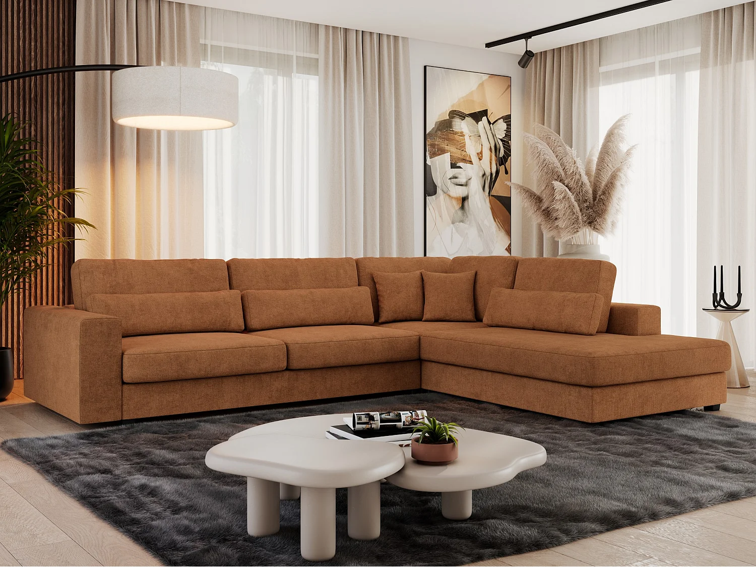 Ecksofa SAVONA - mit Armlehnen, lose Kissen, große L-förmige Ecke, Wohnlandschaft - Orange Strukture - Ecke Rechts