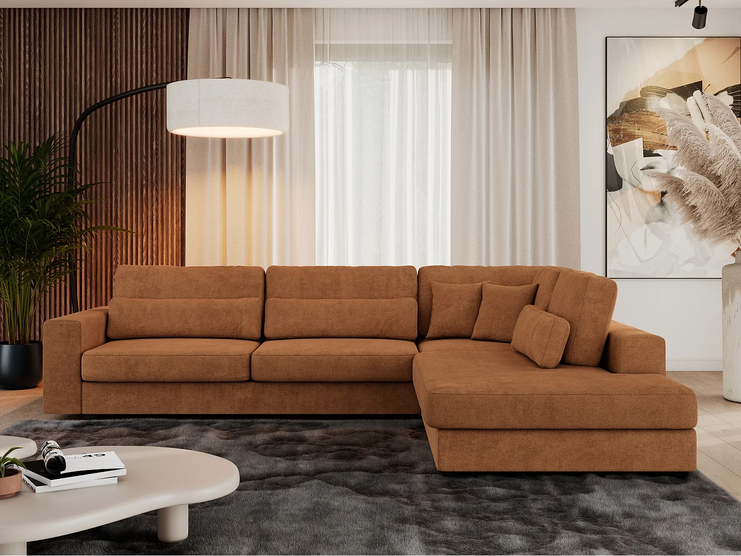 Ecksofa SAVONA - mit Armlehnen, lose Kissen, große L-förmige Ecke, Wohnlandschaft - Orange Strukture - Ecke Rechts