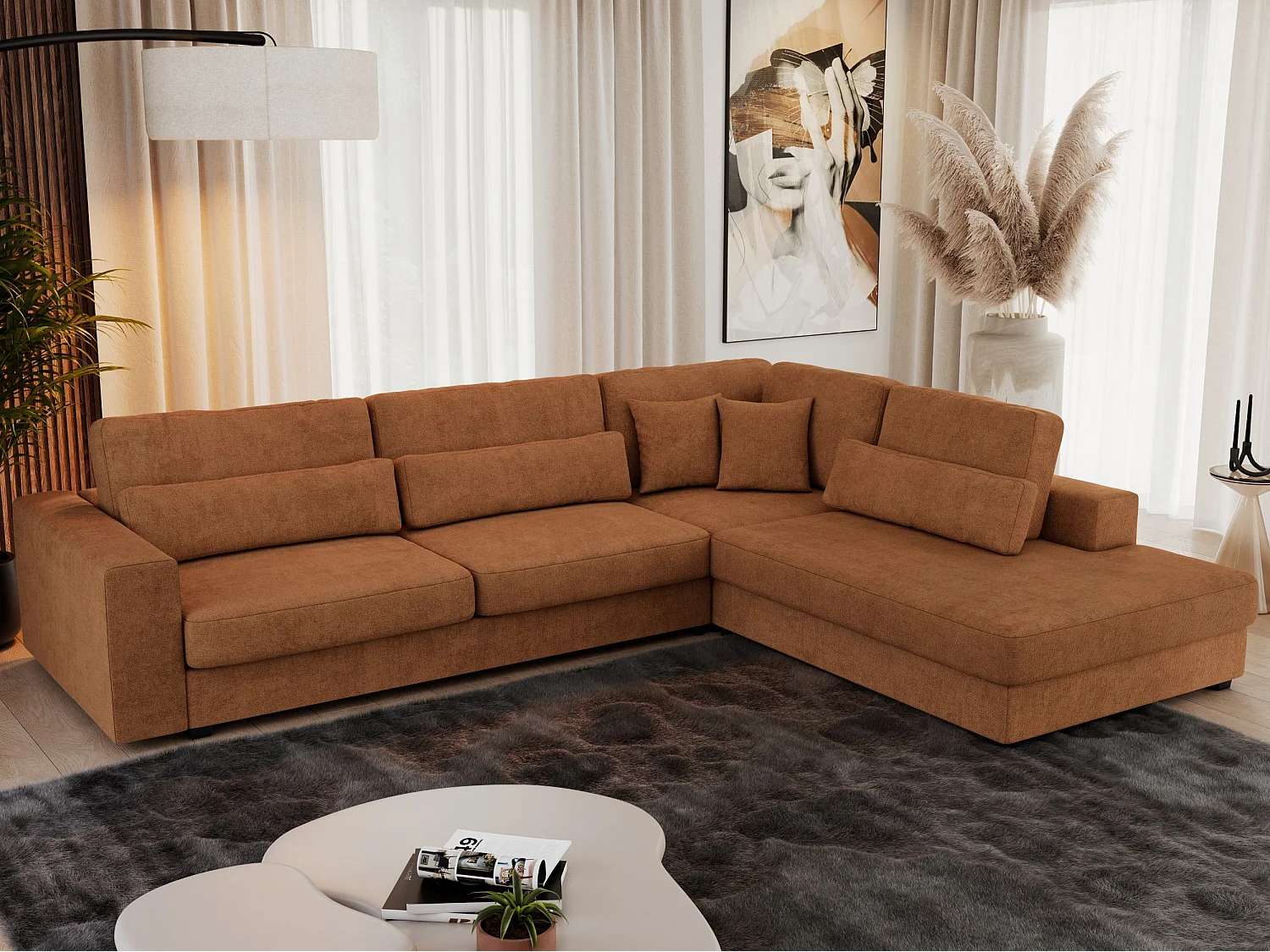 Ecksofa SAVONA - mit Armlehnen, lose Kissen, große L-förmige Ecke, Wohnlandschaft - Orange Strukture - Ecke Rechts