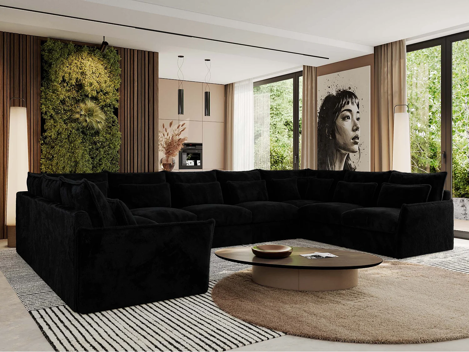 Ecksofa VERSO U9M - XXL Wohnlandschaft Ecke, modulare, Armlehnen und lose Kissen - Schwarz Plüsch