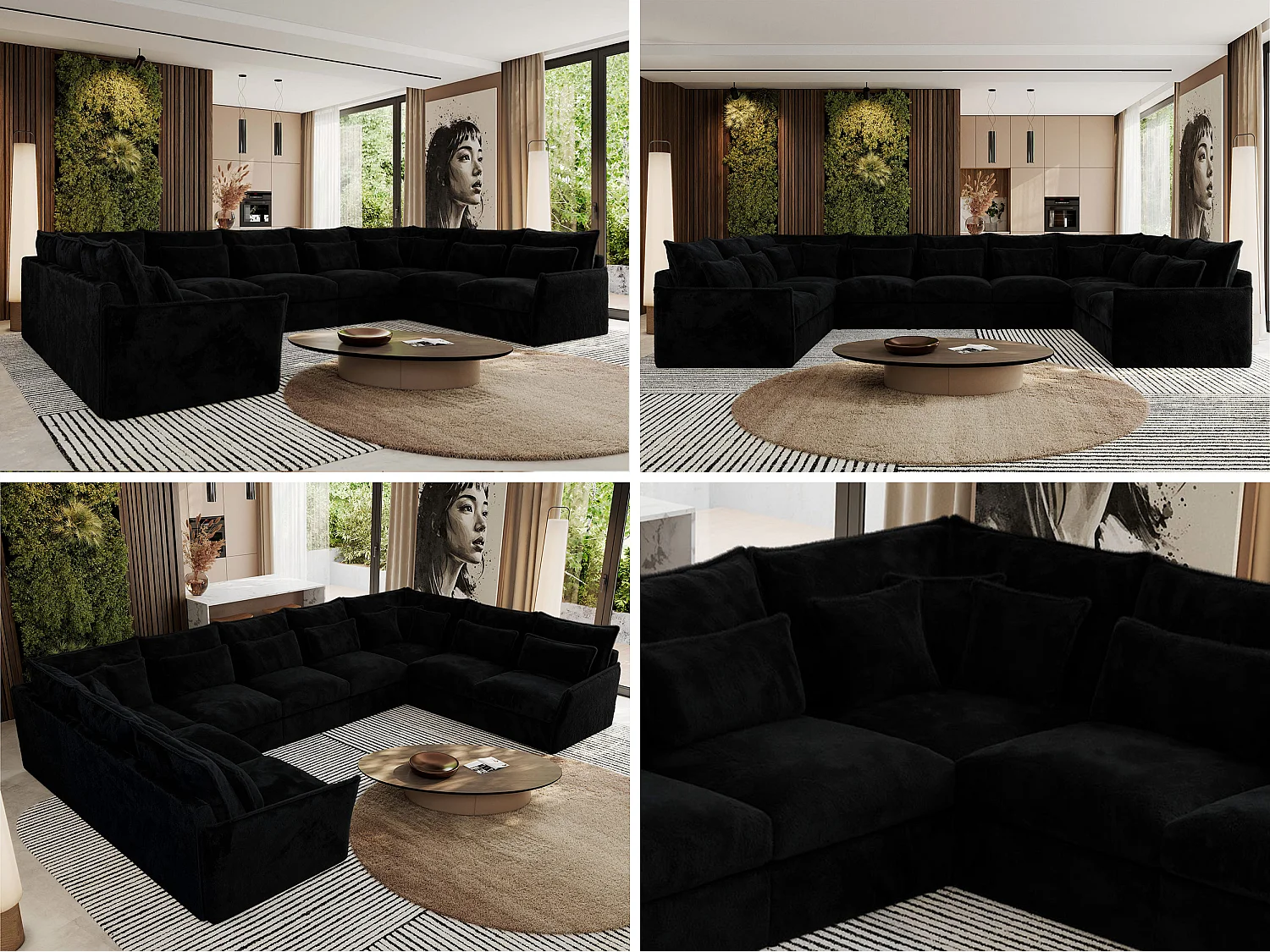 Ecksofa VERSO U9M - XXL Wohnlandschaft Ecke, modulare, Armlehnen und lose Kissen - Schwarz Plüsch