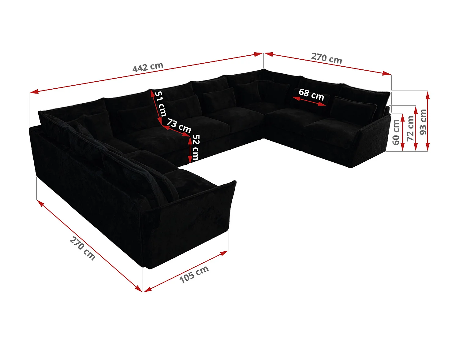 Ecksofa VERSO U9M - XXL Wohnlandschaft Ecke, modulare, Armlehnen und lose Kissen - Schwarz Plüsch