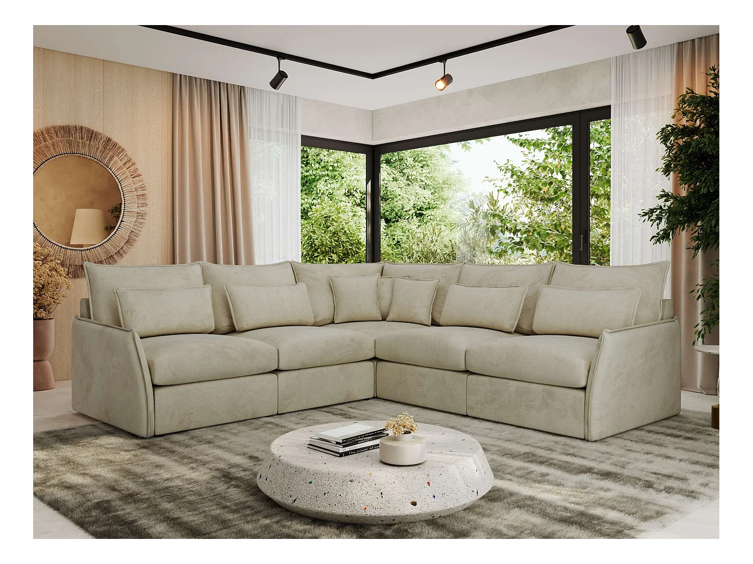 Ecksofa VERSO - modulare L-förmige Ecke, lose Kissen, Wohnlandschaft - Beige Velvet