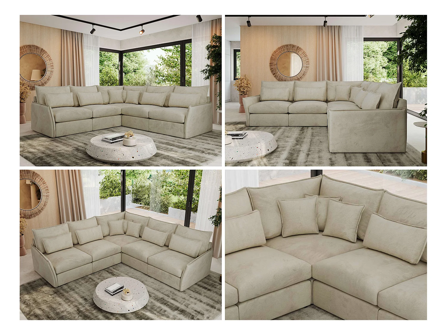 Ecksofa VERSO - modulare L-förmige Ecke, lose Kissen, Wohnlandschaft - Beige Velvet