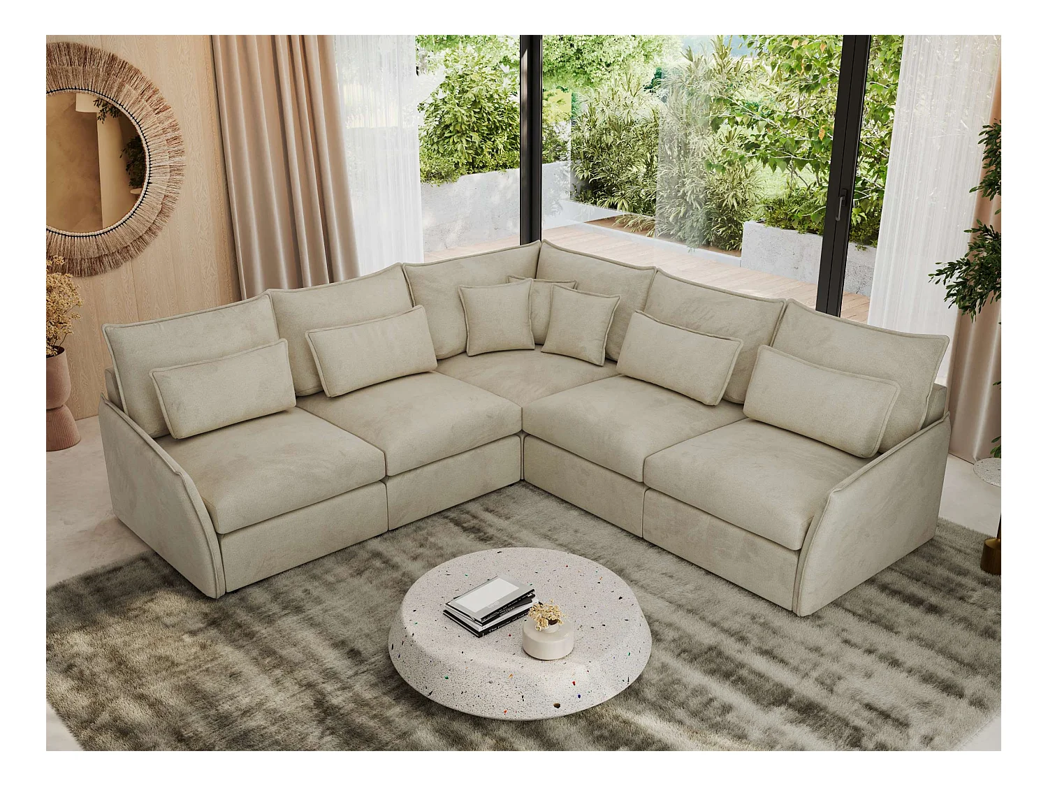 Ecksofa VERSO - modulare L-förmige Ecke, lose Kissen, Wohnlandschaft - Beige Velvet