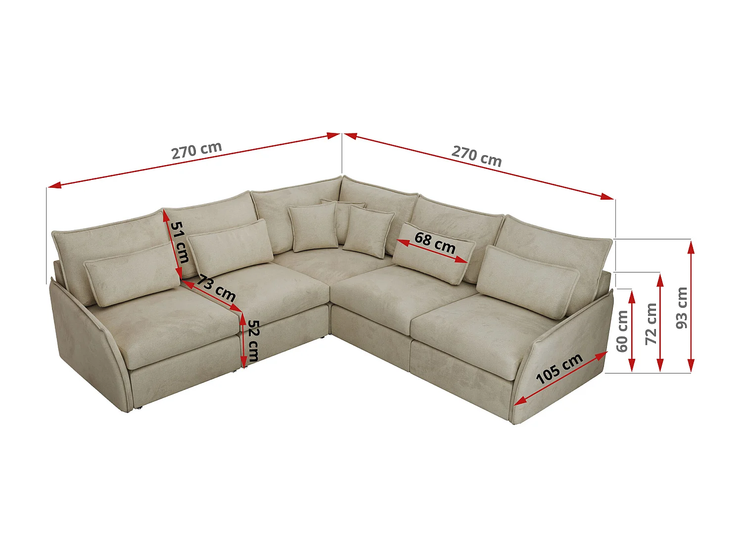 Ecksofa VERSO - modulare L-förmige Ecke, lose Kissen, Wohnlandschaft - Beige Velvet