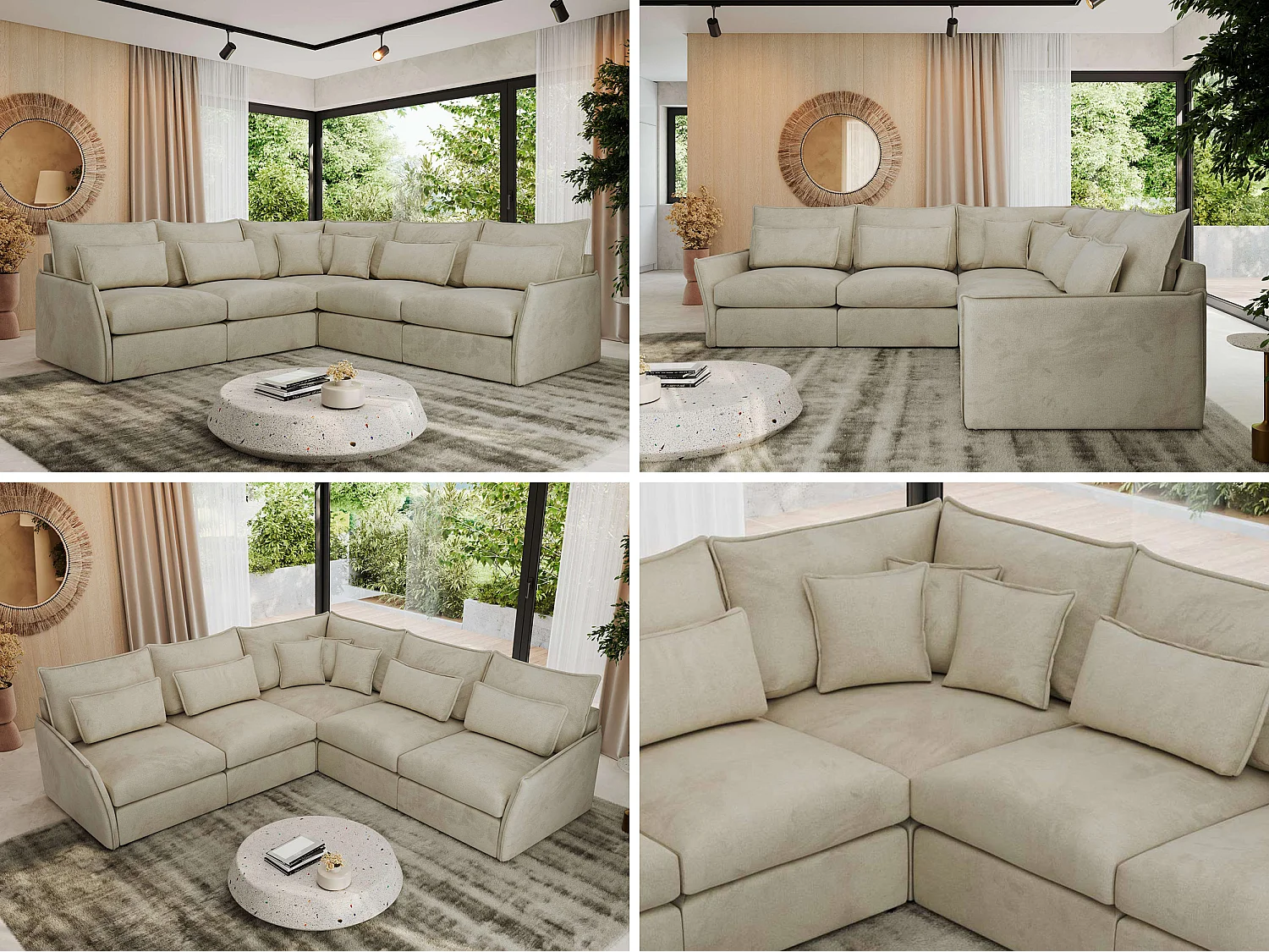 Ecksofa VERSO - modulare L-förmige Ecke, lose Kissen, Wohnlandschaft - Beige Velvet