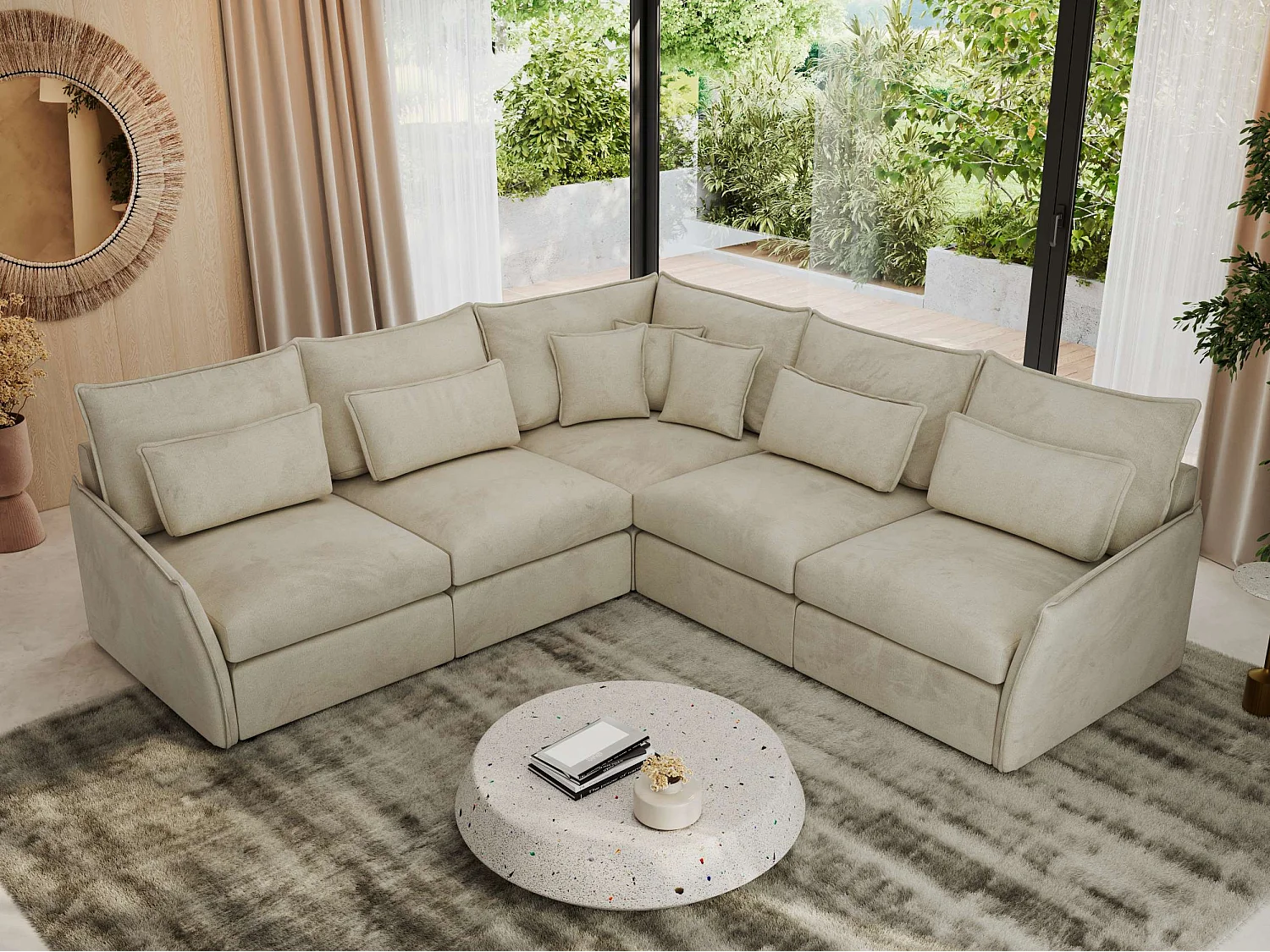 Ecksofa VERSO - modulare L-förmige Ecke, lose Kissen, Wohnlandschaft - Beige Velvet